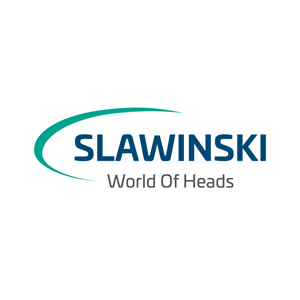 Logo mit dem Text 'SLAWINSKI World Of Heads' in Blau und Grün.