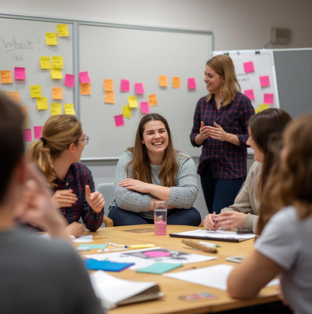 Eine Gruppe junger Frauen sitzt um einen Tisch in einem Besprechungsraum, unterhält sich und lacht. Im Hintergrund sind Whiteboards mit bunten Sticky Notes.