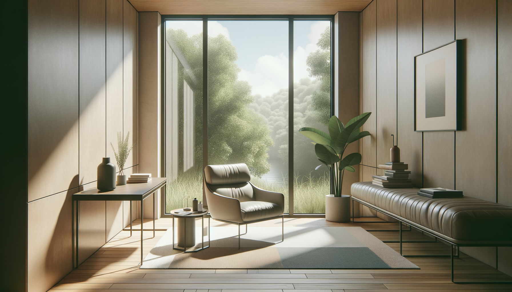 Modern living room with large window showing green trees outside, a black armchair, a small round side table with books and a coffee cup, a long leather bench with stacked books, a potted plant, and minimalist decor.