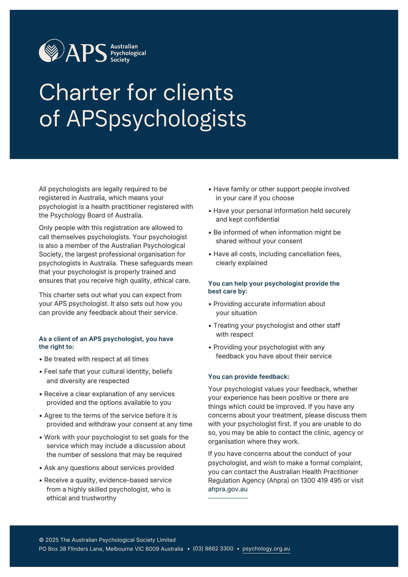 A document titled "Charter for clients of APSpsychologists" from the Australian Psychological Society, outlining patient rights and expectations for treatment, including respectful care, confidentiality, transparent service options, and feedback procedures.