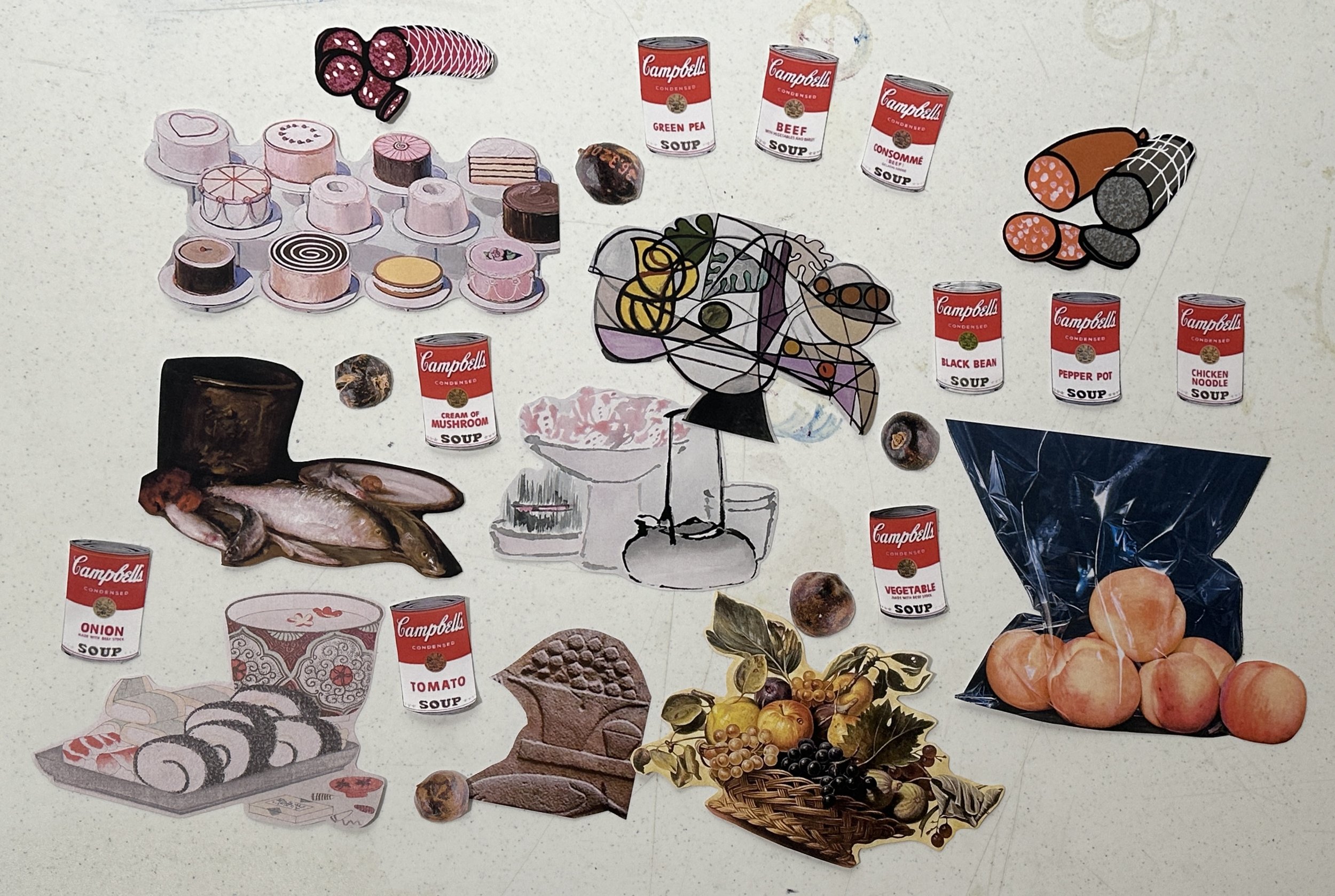 A collage of various food items, including cans of Campbell's soup, baked goods, fish, vegetables, fruits, and decorative items like an umbrella and a cookie. The collage features canned soups such as green pea, beef, mushroom, onion, tomato, vegetable, pepper pot, and chicken noodle, alongside pastries, fish, and a basket of assorted fruits.