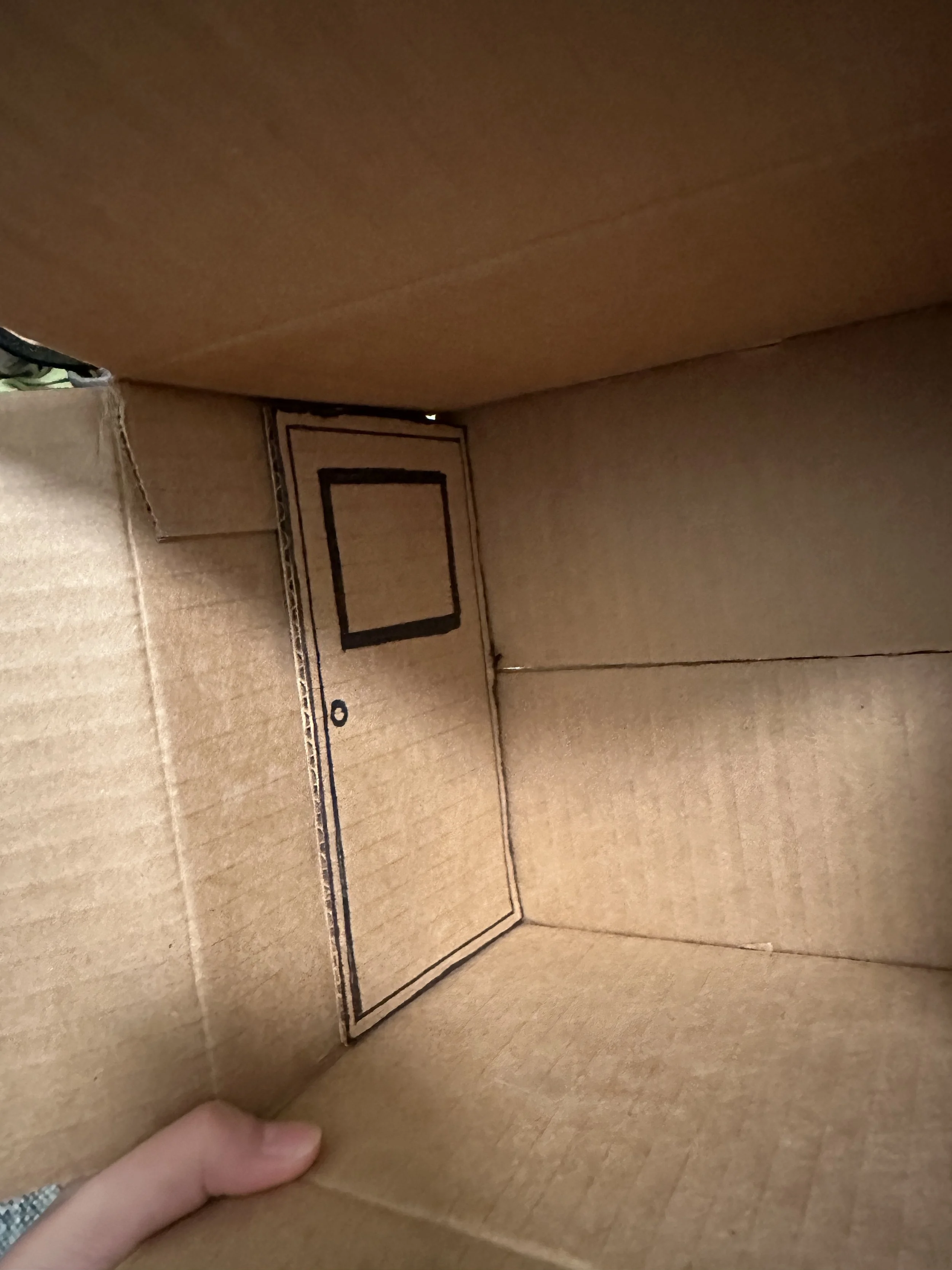 View inside a cardboard box with hand holding the bottom left corner, showing a rectangular lid and a small black circle on the side.