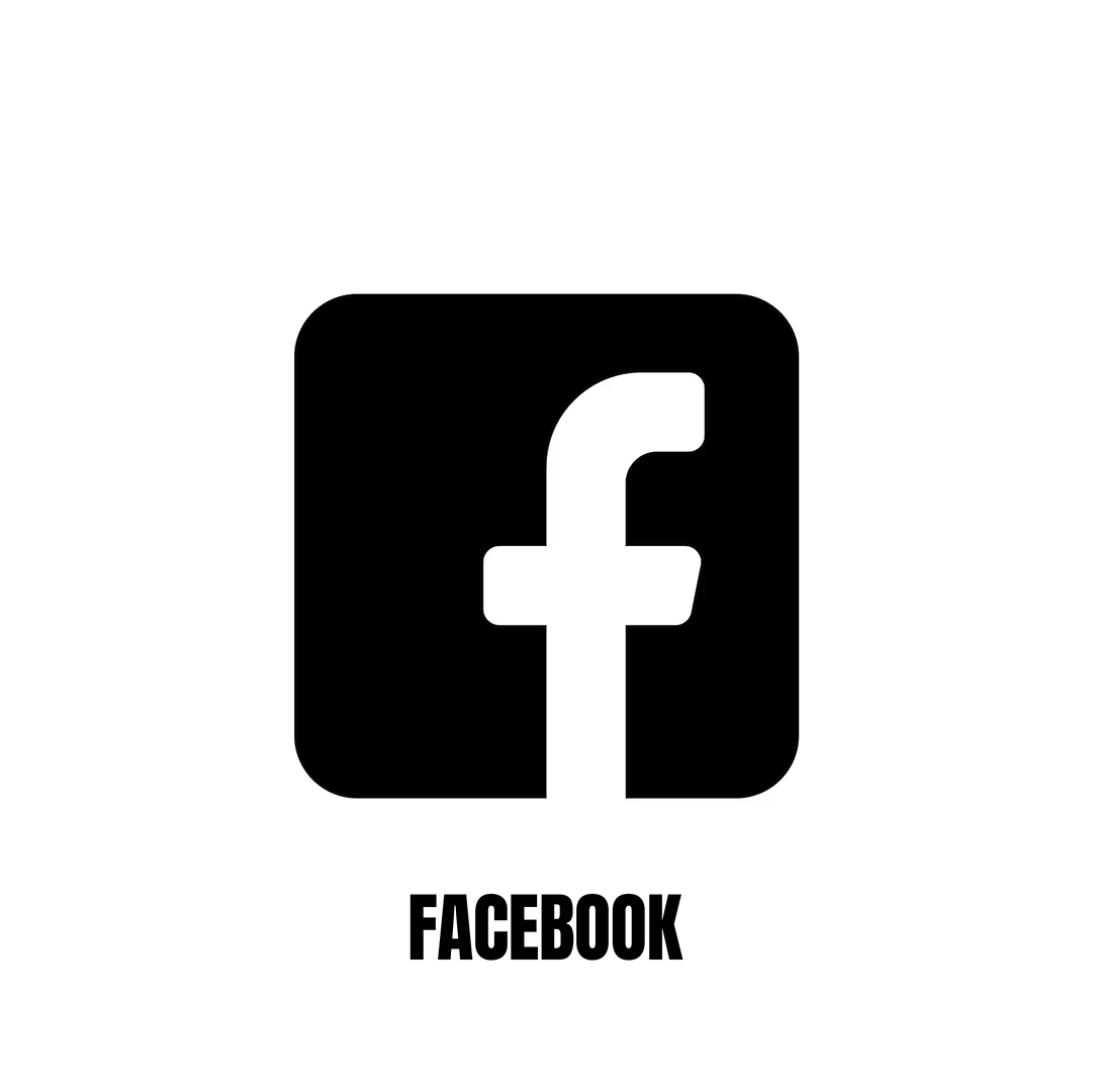 Black and white Facebook logo with the word 'Facebook' underneath.
