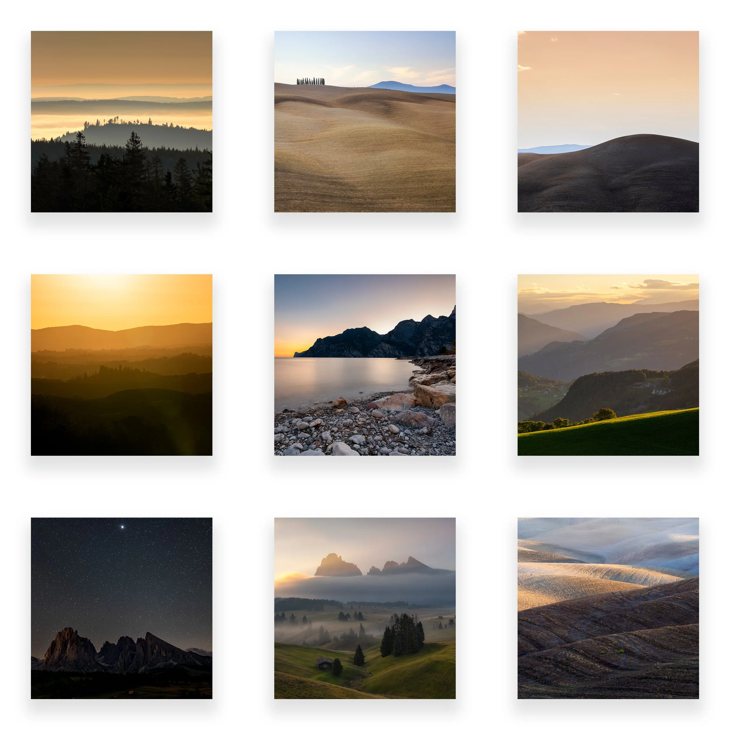 Collage of nine landscape photographs showcasing mountains, rolling hills, a lake, a starry night over mountain peaks, and sunrise or sunset scenes.