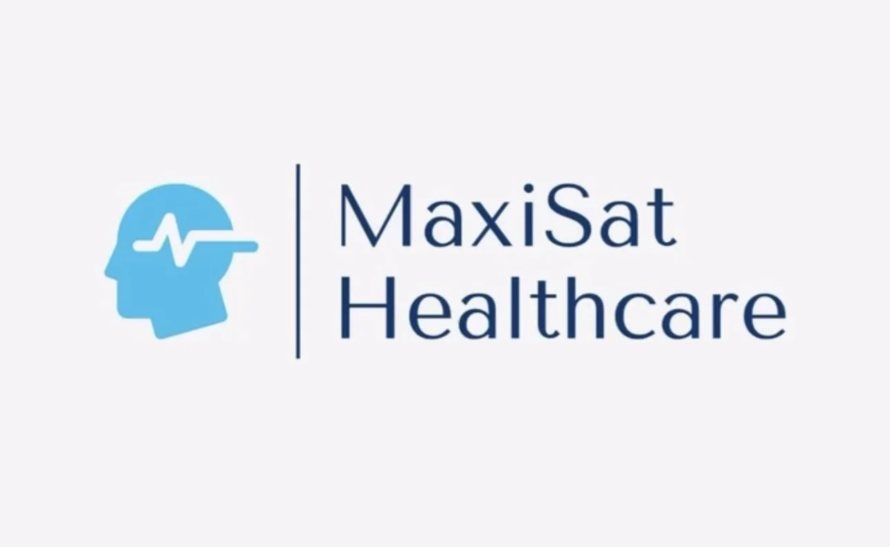 Logo of MaxiSat Healthcare featuring a blue stylized human head with an electrocardiogram line, and the company name in dark blue text.