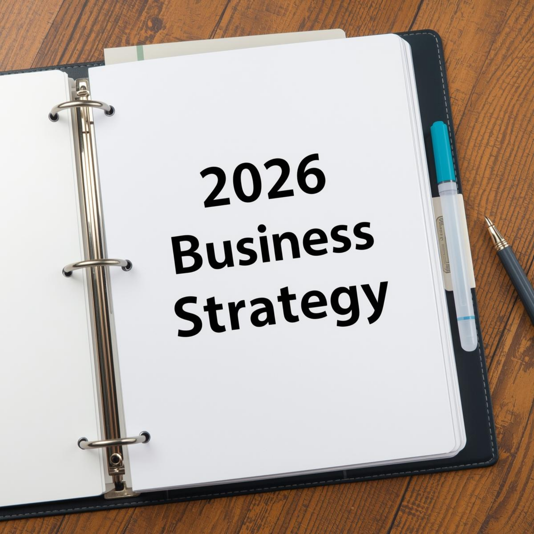 A binder displaying the words 2026 Business Strategy