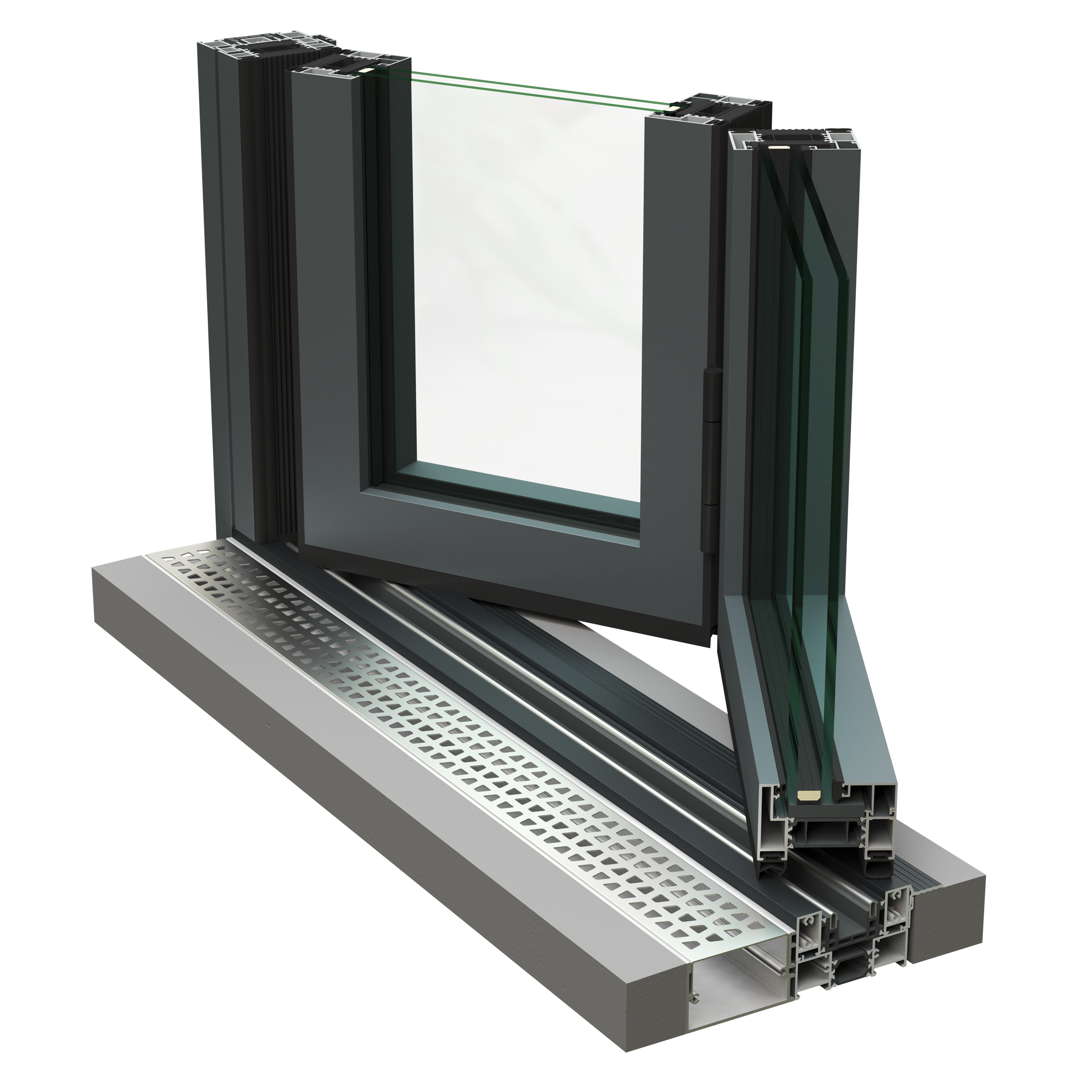 Close-up of a black and gray window frame with double-glazed glass, showing the cross-section of the window's construction and hardware.