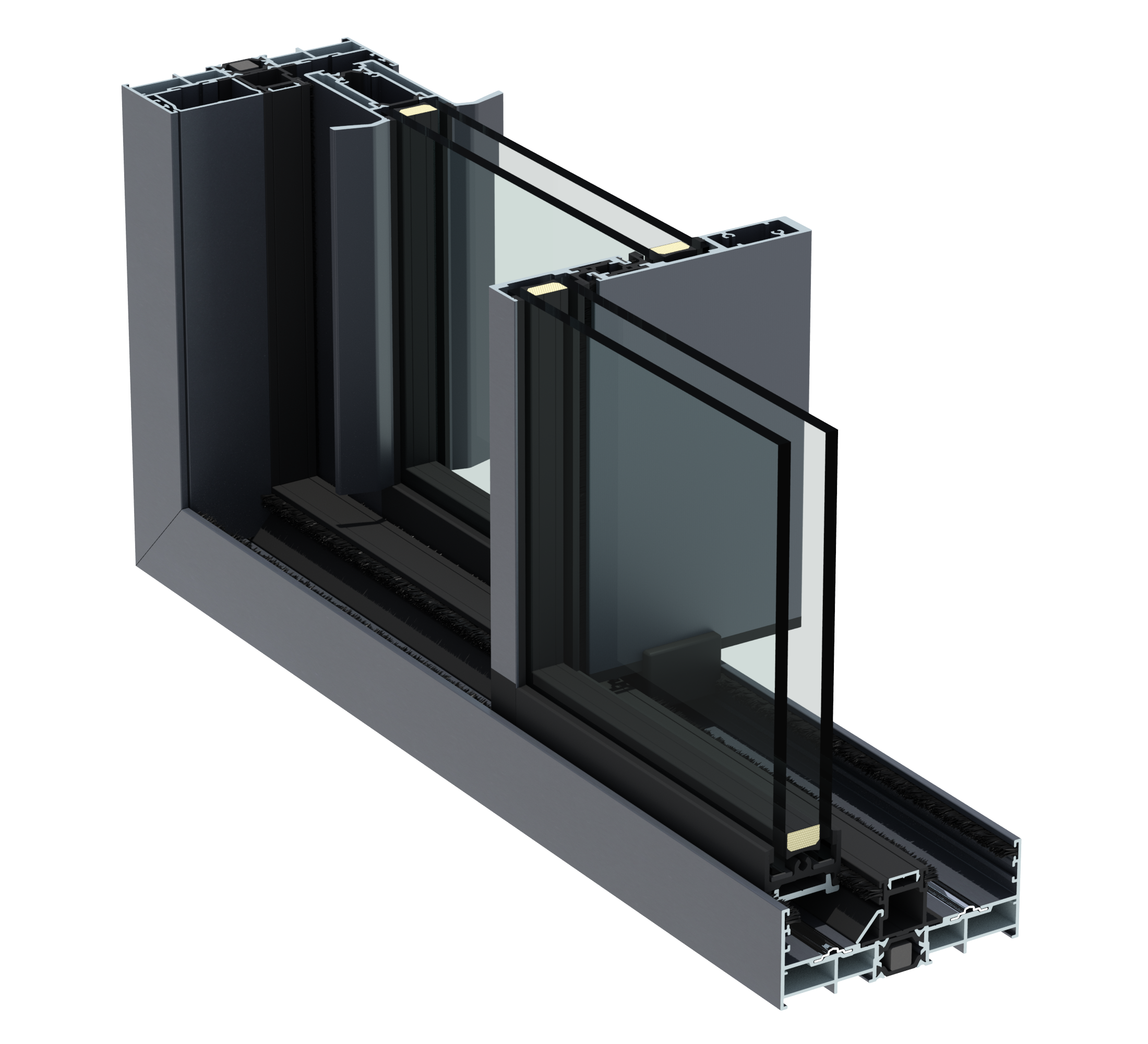 Cutaway view of a modern sliding glass door with a black metal frame, showing internal components and tracks.