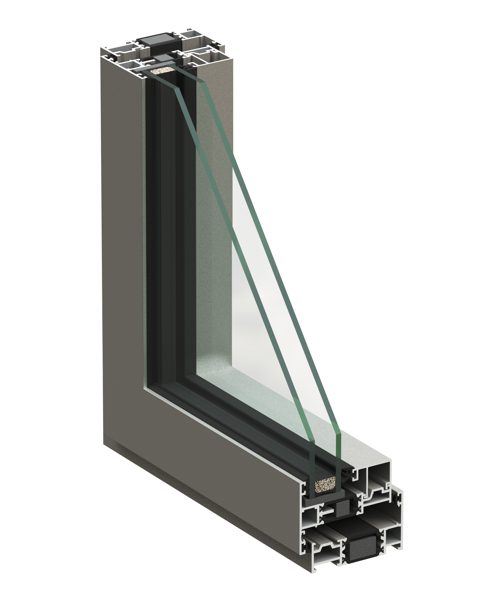 Cross-section of a modern aluminum window frame with multiple glass panes and sealing components.