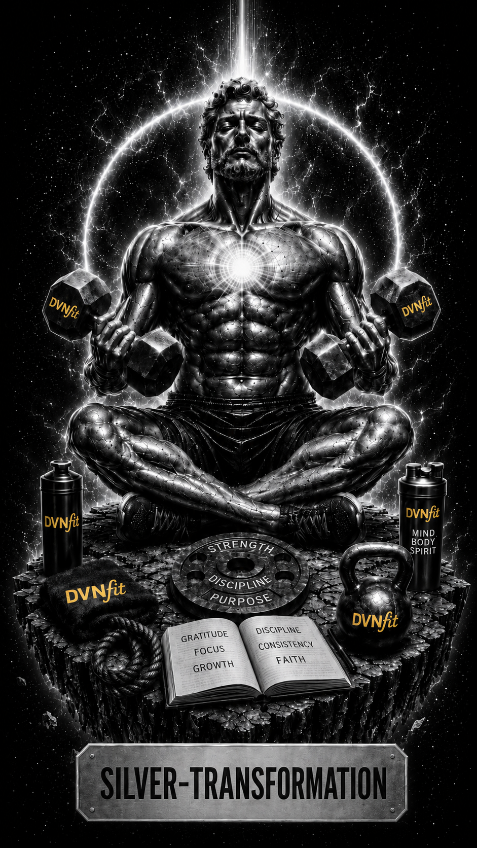 Black and white digital artwork of a muscular, metallic-human figure sitting cross-legged with a glowing light on their chest. The figure is holding dumbbells labeled 'DVNfit' and surrounded by fitness and motivational items like a kettlebell, water bottles, a black towel, a rope, a weight plate, and an open book with words like gratitude, focus, growth, discipline, consistency, and faith. The background is cosmic with lightning and a glowing circular aura. At the bottom, a gray plaque reads 'SILVER-TRANSFORMATION'.