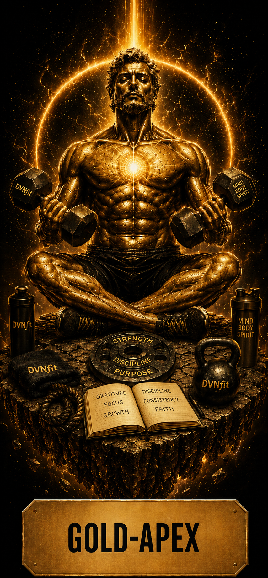 A golden metallic statue of a muscular man meditating in a cross-legged pose, holding dumbbells in each hand. The background features lightning and a glowing circle. Around him are fitness and motivational items, including water bottles labeled "DVNfit," a kettlebell, a weight plate, a notebook with words like "gratitude," "focus," and "growth," and a rope. The image has a black and gold color theme, with the text "GOLD-APEX" at the bottom.
