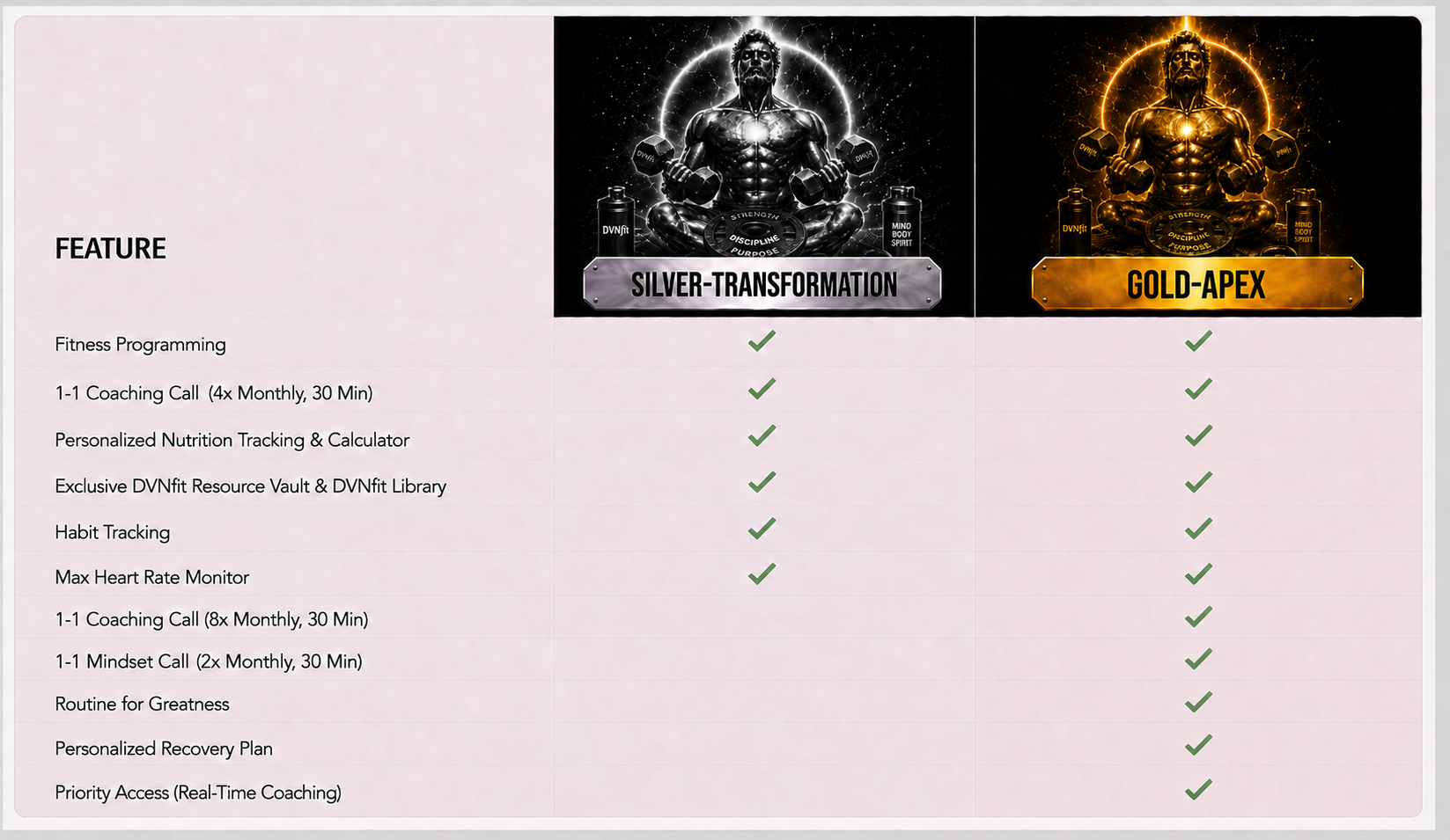 Comparison chart of fitness programs with images of a muscular man in meditation pose, surrounded by a glowing aura, holding dumbbells. The chart shows features included in Silver-Transformation and Gold-Apex programs.