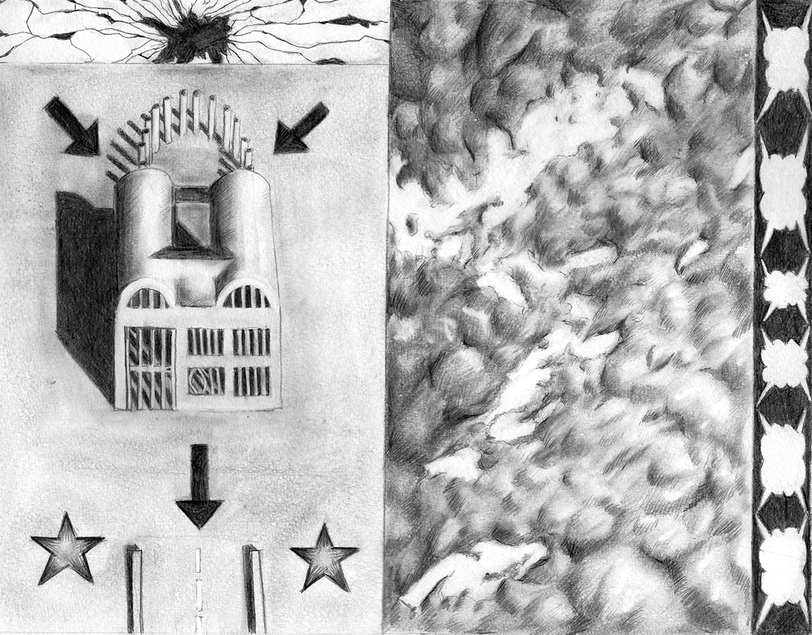 Dibujo en tonos de gris que muestra una escena con una extraña criatura en la parte superior, un edificio con ventanas y puertas en la parte izquierda, y una multitud de nubes o humo en la parte derecha, con una franja decorativa de figuras en forma de estrella en el borde derecho.