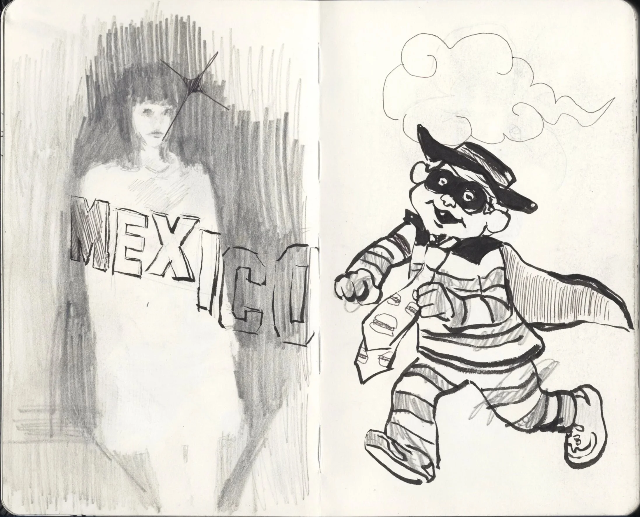 Dibujo de una mujer con un paraguas en la izquierda y una niña disfrazada de payaso con capa y sombrero en la derecha.