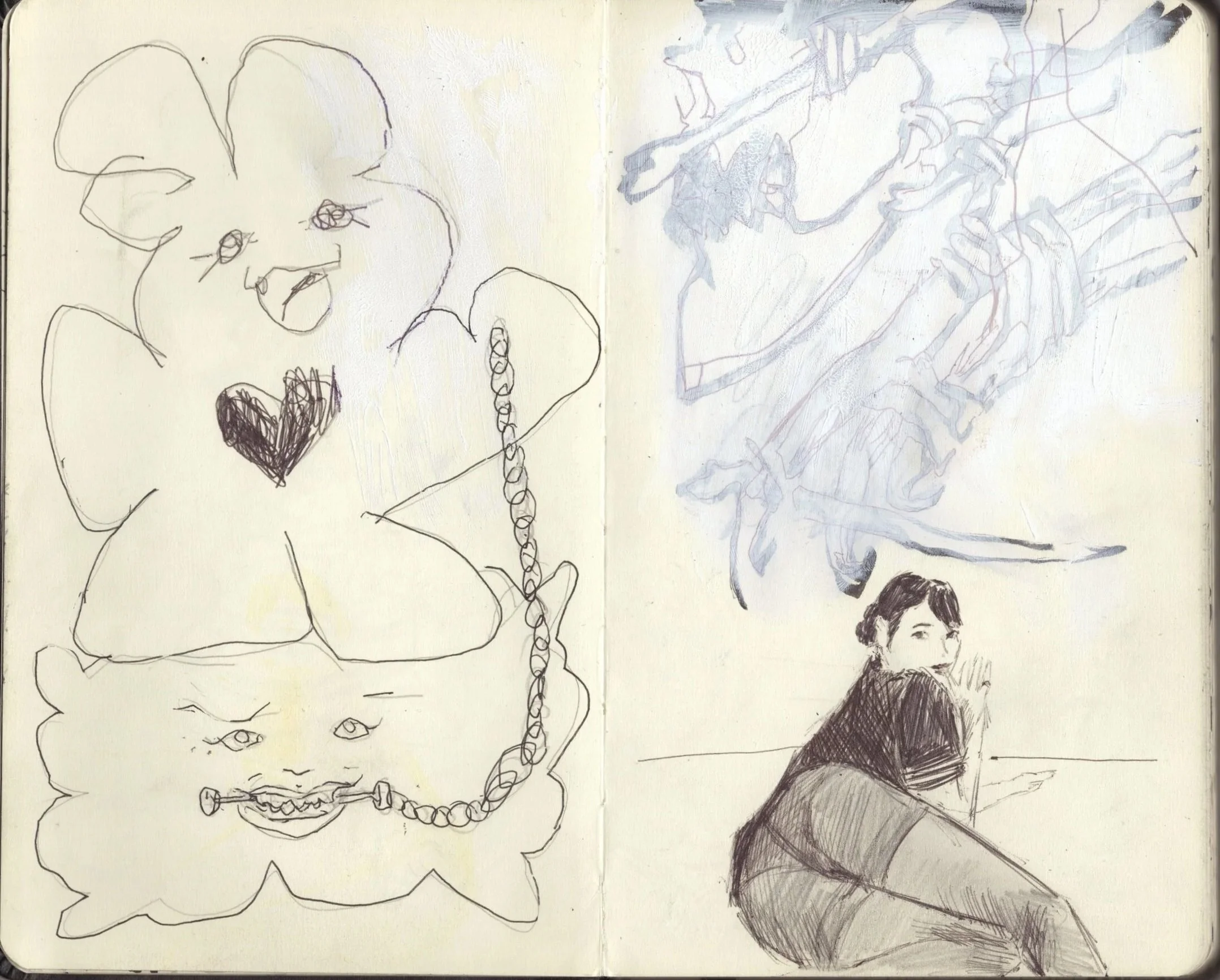 Dibujo de un oso con un corazón en el pecho y cadenas, con un rostro triste, junto a un boceto de un rostro de un niño sentado en el suelo y un dibujo de un árbol en el fondo.