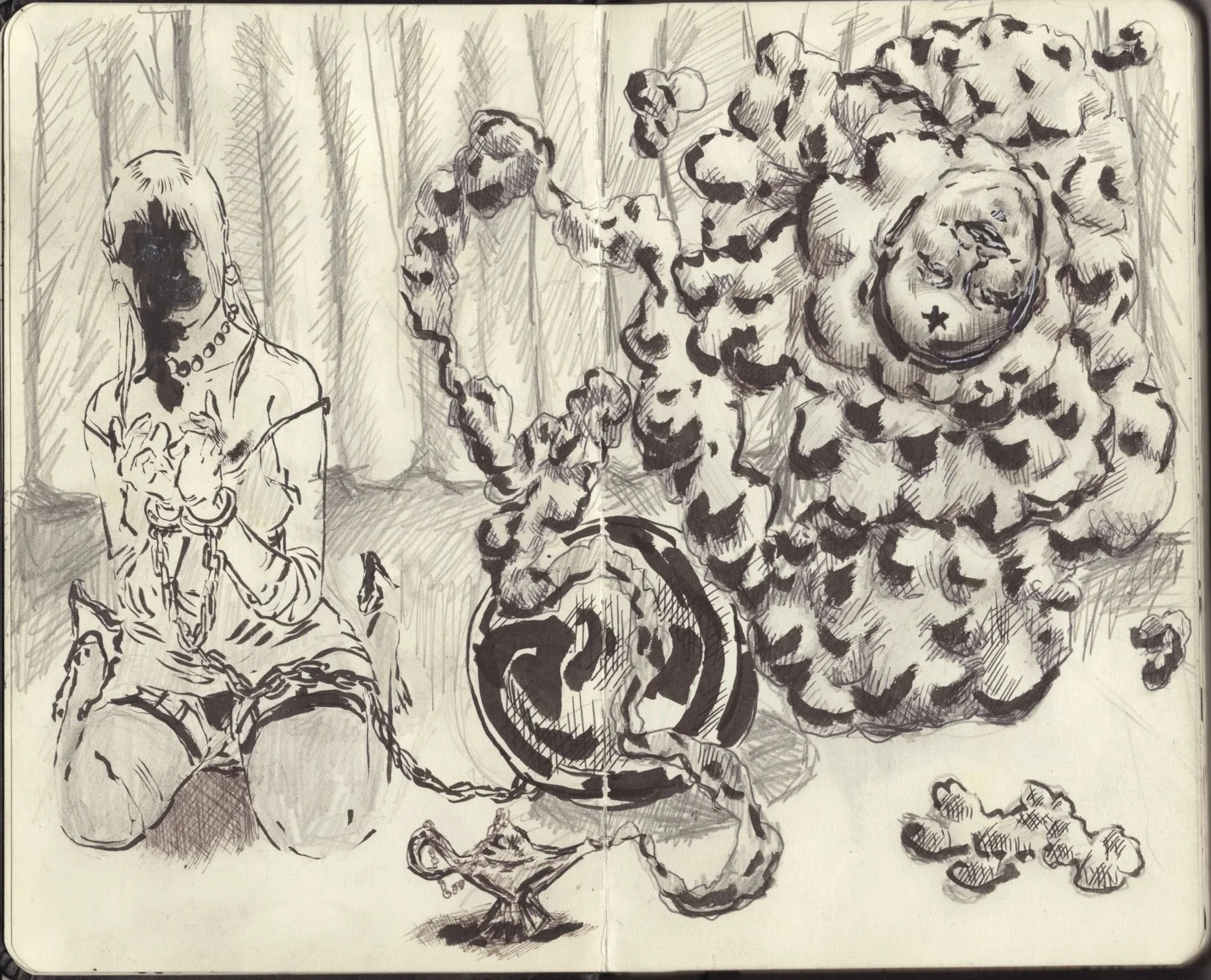 Dibujo en tinta de una mujer joven con cadenas y un collar, una criatura con cuerpo de serpiente y cabeza de perro, y una gran explosión o flor con rostro en el centro, además de pequeñas nubes o acumulaciones de polvo.