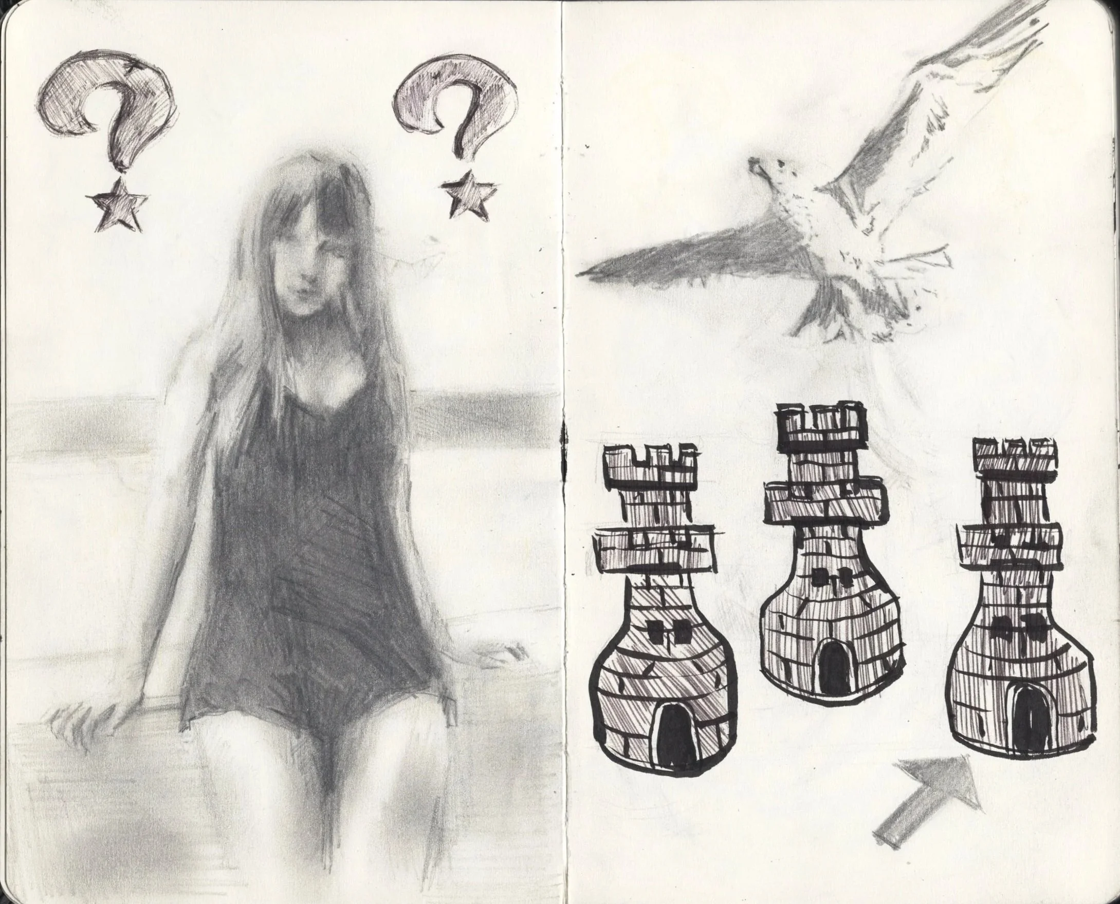 Dibujo a lápiz de una mujer joven con vestido negro y cabello largo en la izquierda, y en la derecha un águila en vuelo sobre tres torres de castillo con un signo de interrogación y estrellas en la parte superior, y una flecha apuntando hacia abajo.