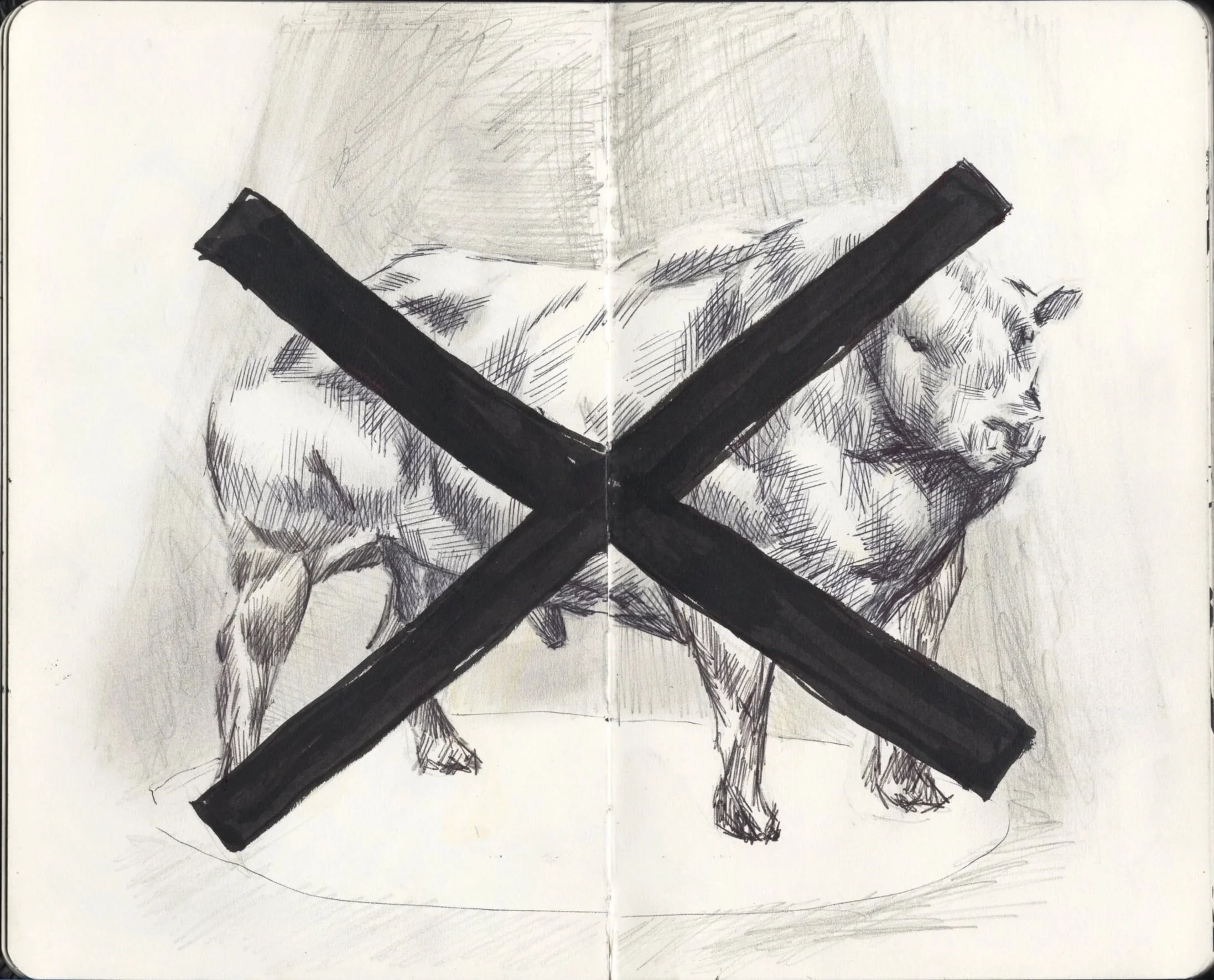 Dibujo en blanco y negro de un toro, con una gran 'X' negra en el centro