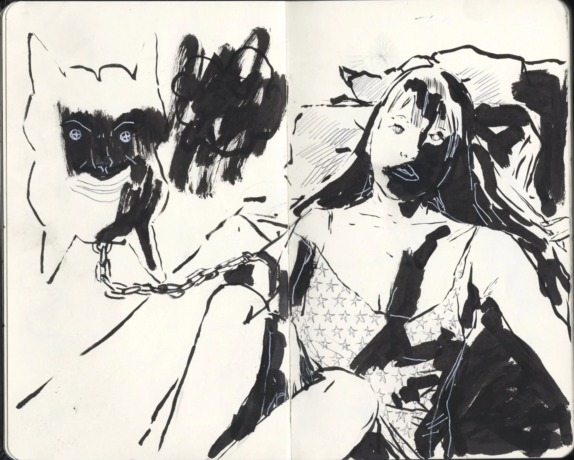 Dibujo en blanco y negro de una mujer con cabello largo y una expresión relajada, acompañada por un perro con collar de cadena. El fondo es simple, con líneas de sombreado y detalles en las figuras.