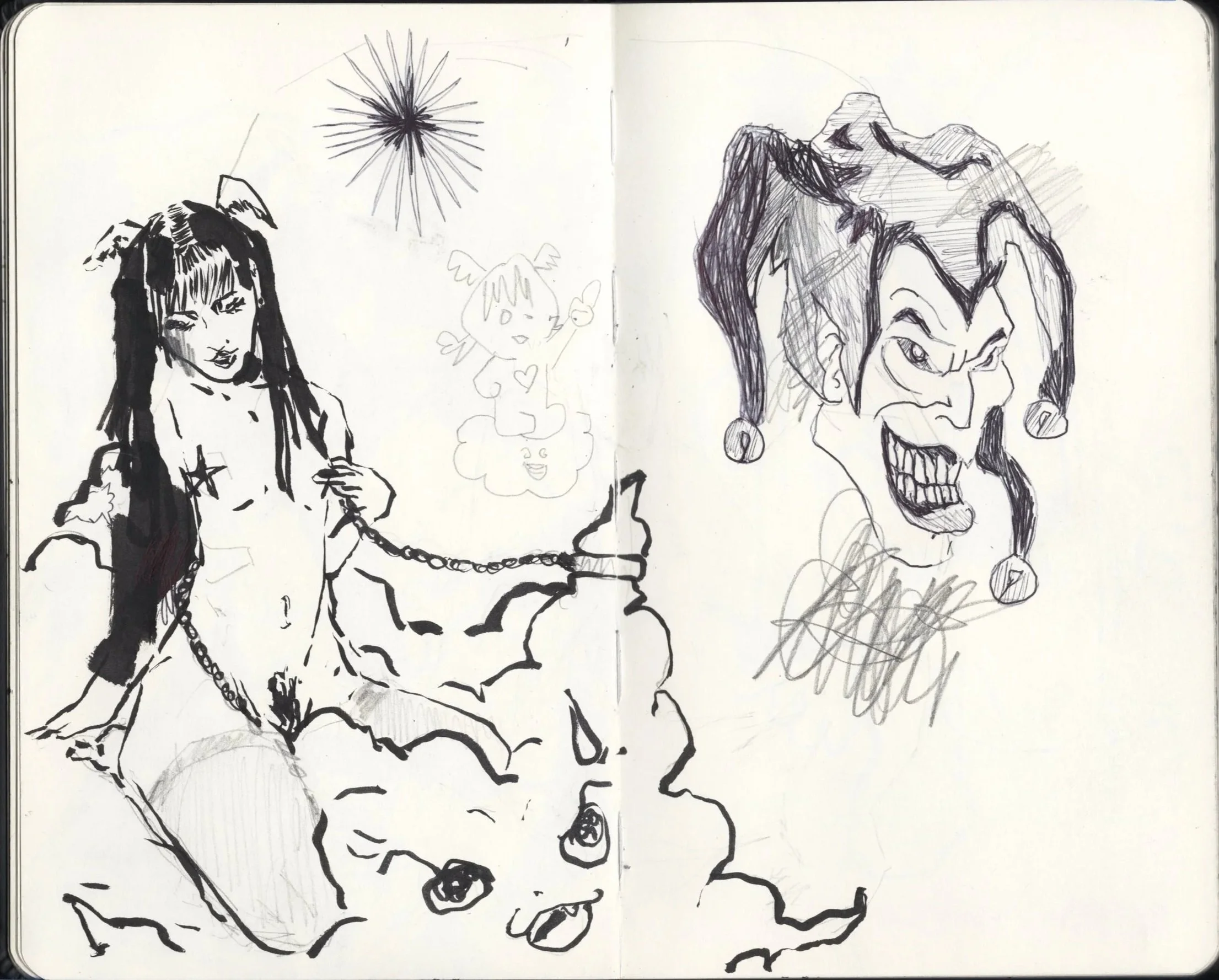 Dibujo en blanco y negro con varias figuras: una mujer con orejas de gato y cadena en el cuello, un rostro monstruoso con expresión feroz y gorro de payaso, varios personajes pequeños que parecen niños y una explosión o estrella en la parte superior.