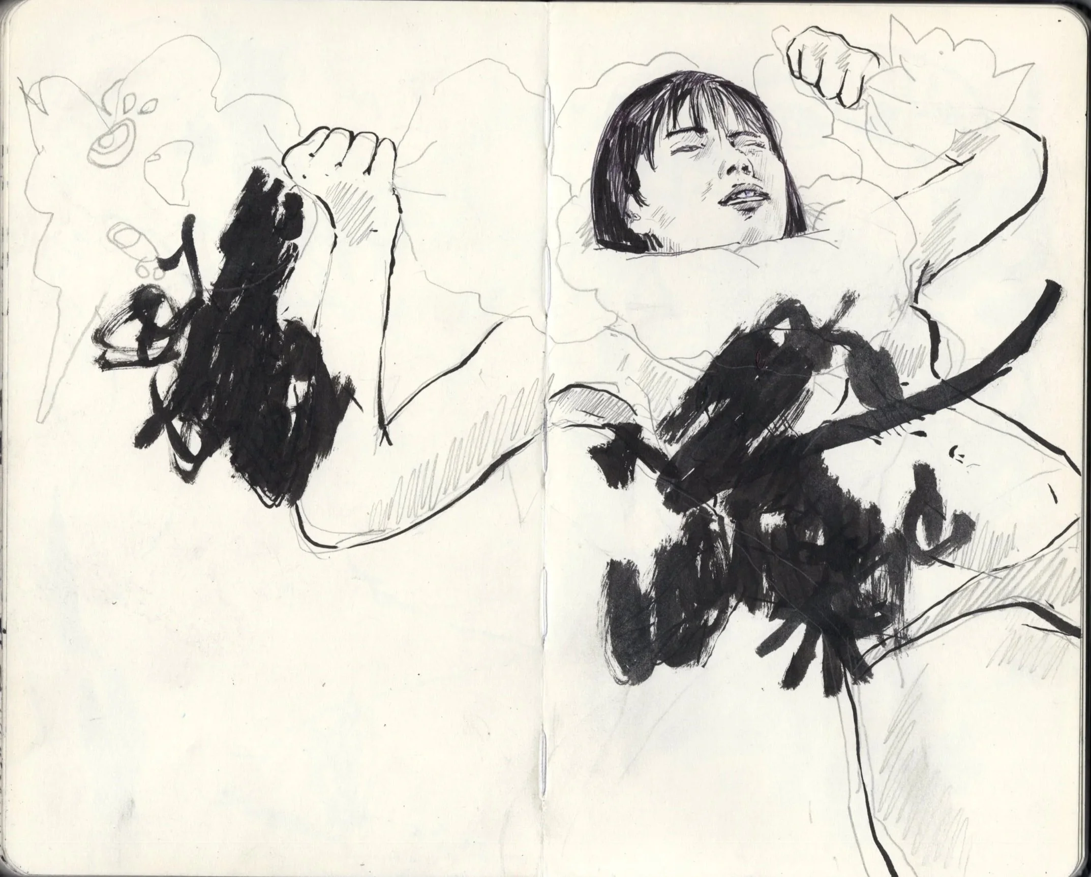 Dibujo en blanco y negro de una mujer con los ojos cerrados y una expresión de felicidad, con los brazos levantados en señal de triunfo.