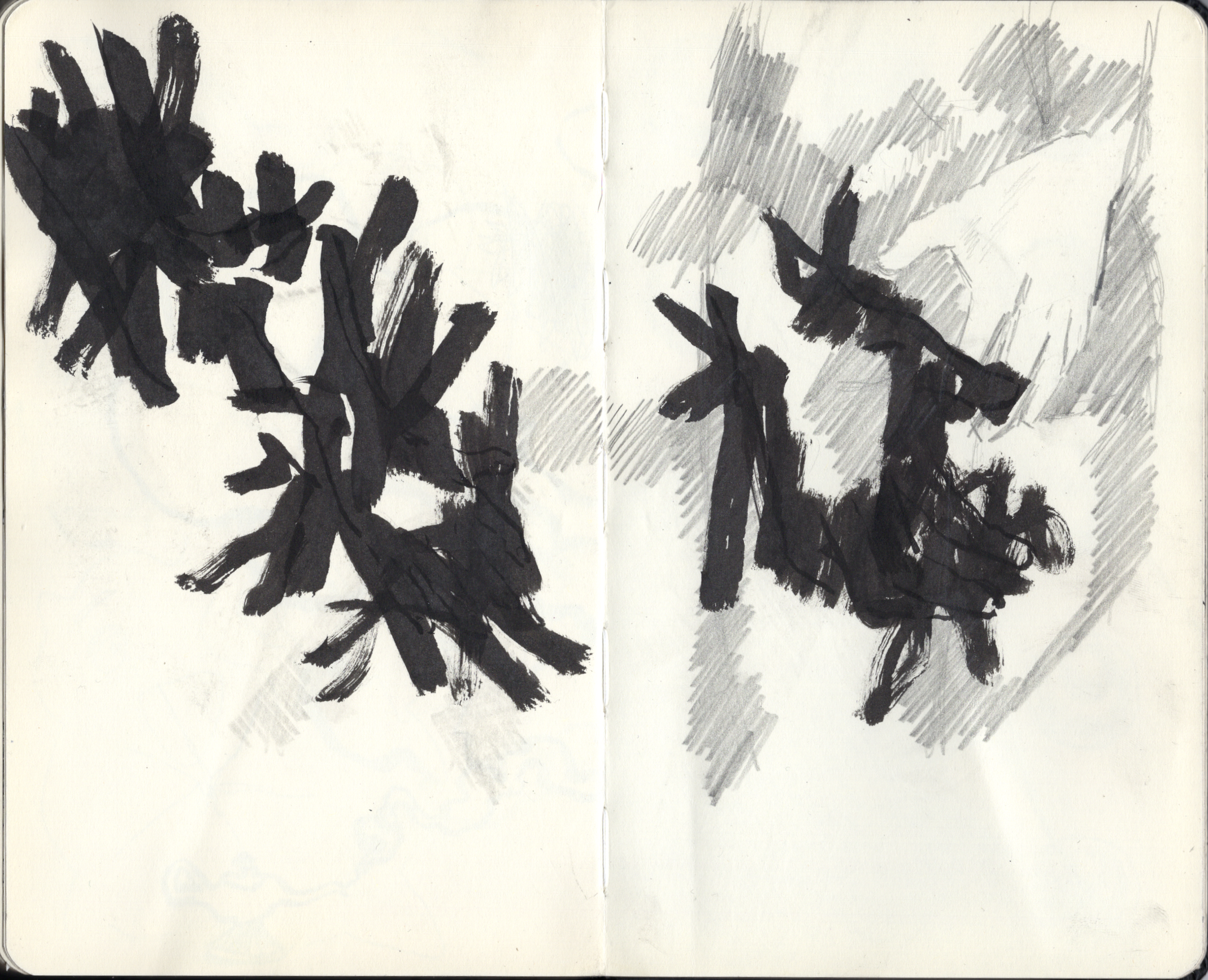 Dibujo en blanco y negro de varios árboles con ramas gruesas y copas con hojas, en estilo de boceto, realizado con pluma y tinta.