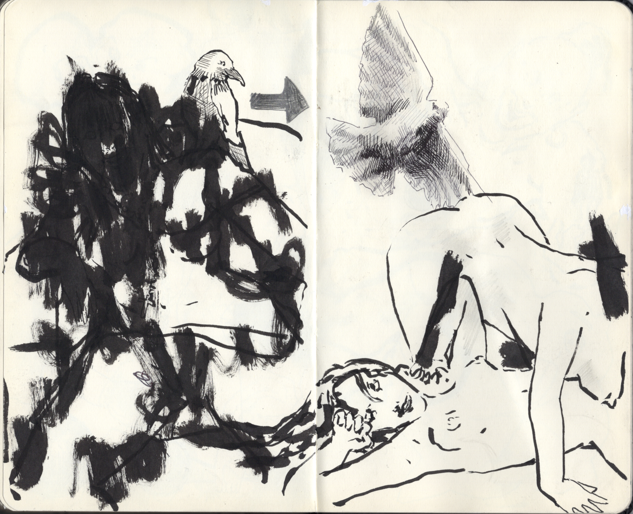 Dibujo en tinta de una persona con un sombrero, observando a otra persona que lleva una capucha y está sentada en el suelo, en un entorno natural con árboles y raíces.