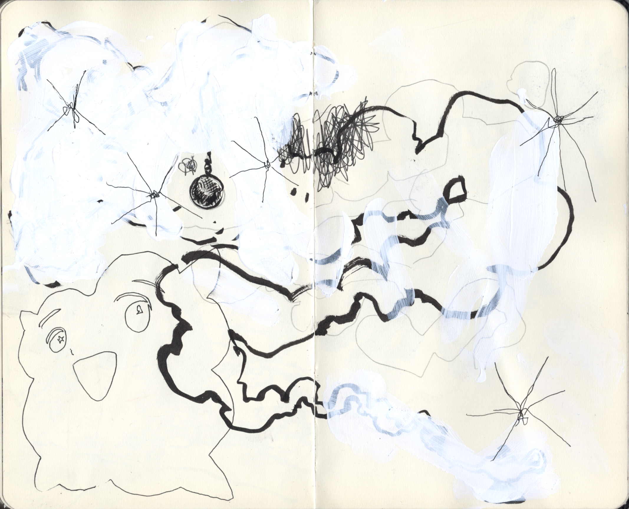 Dibujo abstracto con líneas negras, manchas y formas de diferentes tamaños y formas en una hoja de papel, con fondos claros y algunas áreas sobrepuestas.