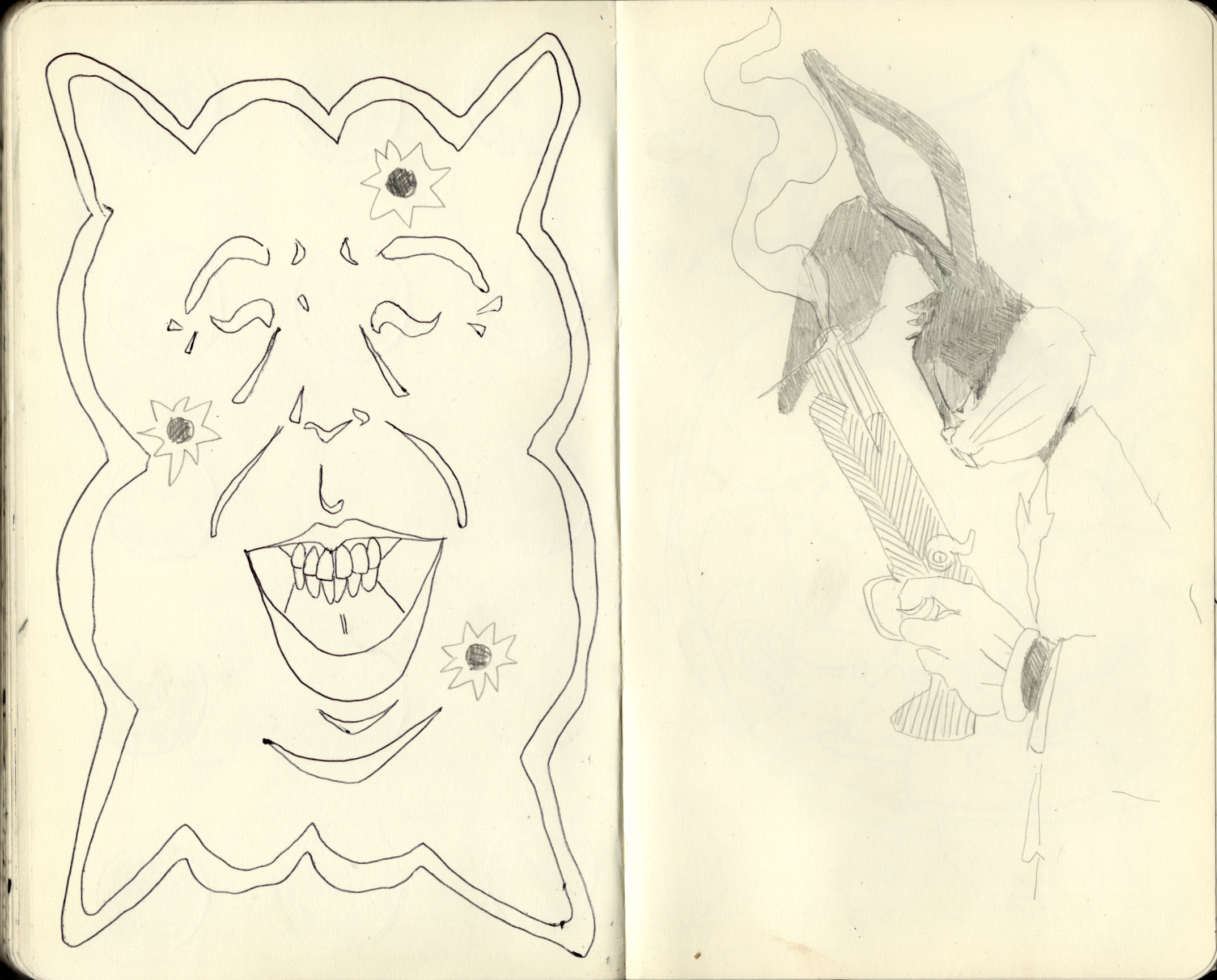 Bosquejo de un rostro humano con detalles faciales, y un dibujo de un dragón con cola y alas, en una hoja de cuaderno.