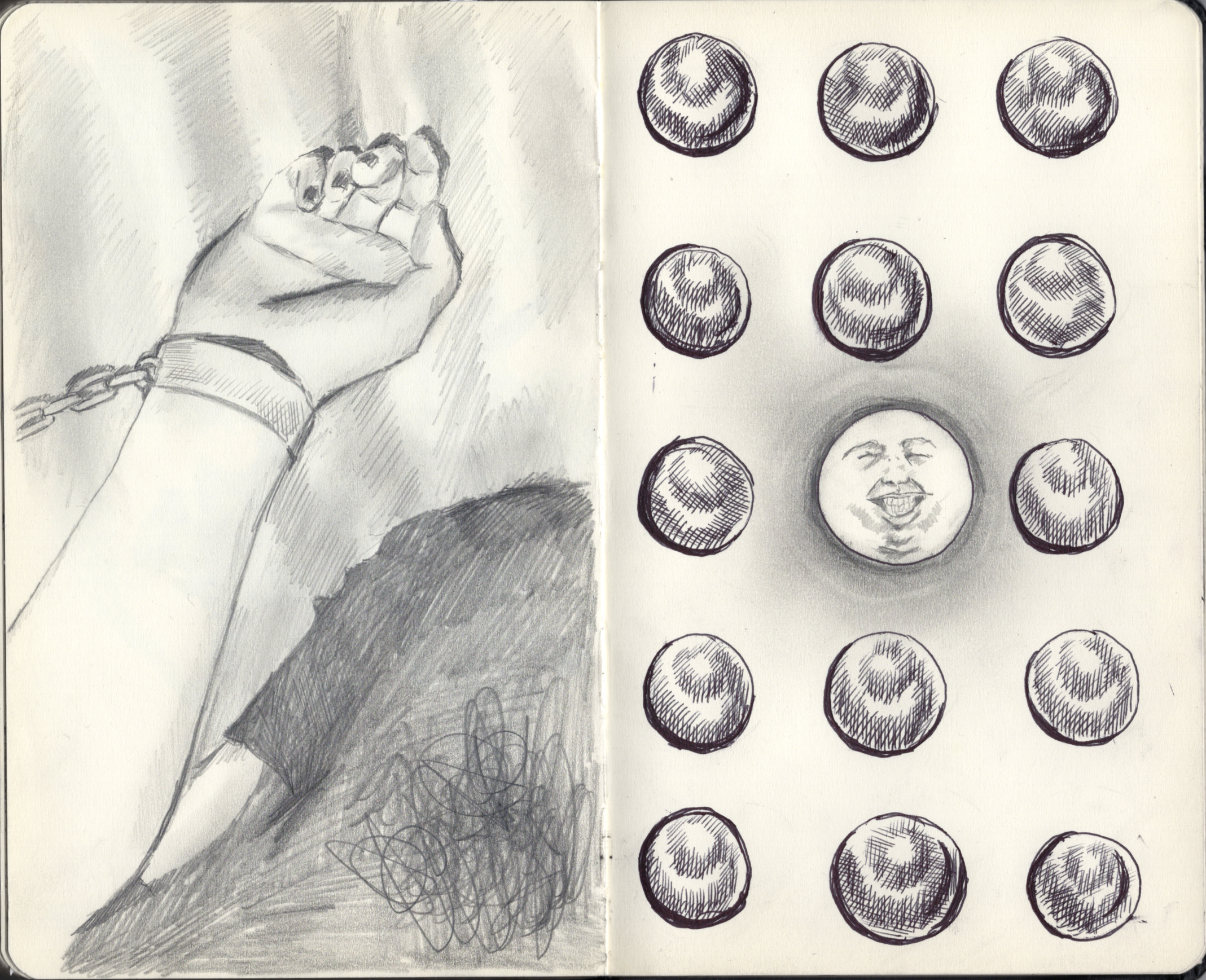 Dibujo a lápiz de una mano con una cadena en la muñeca izquierda, en la parte izquierda de la imagen, y varias caras de muñecos sonrientes en la parte derecha.