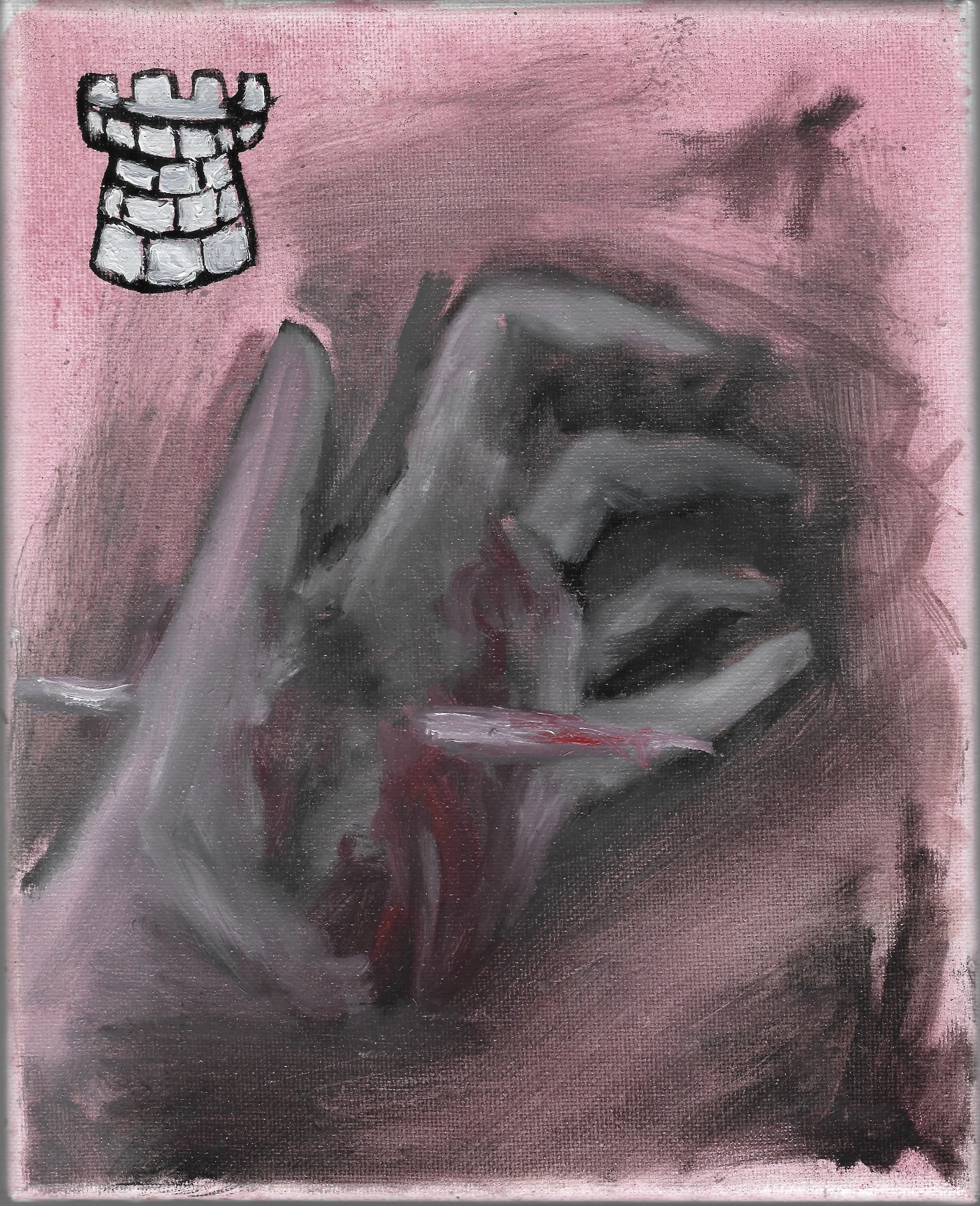 Pintura de una mano sosteniendo un cuchillo con fondo rosa y una torre de castillo en la esquina superior izquierda, y un pájaro en vuelo en la esquina superior derecha.
