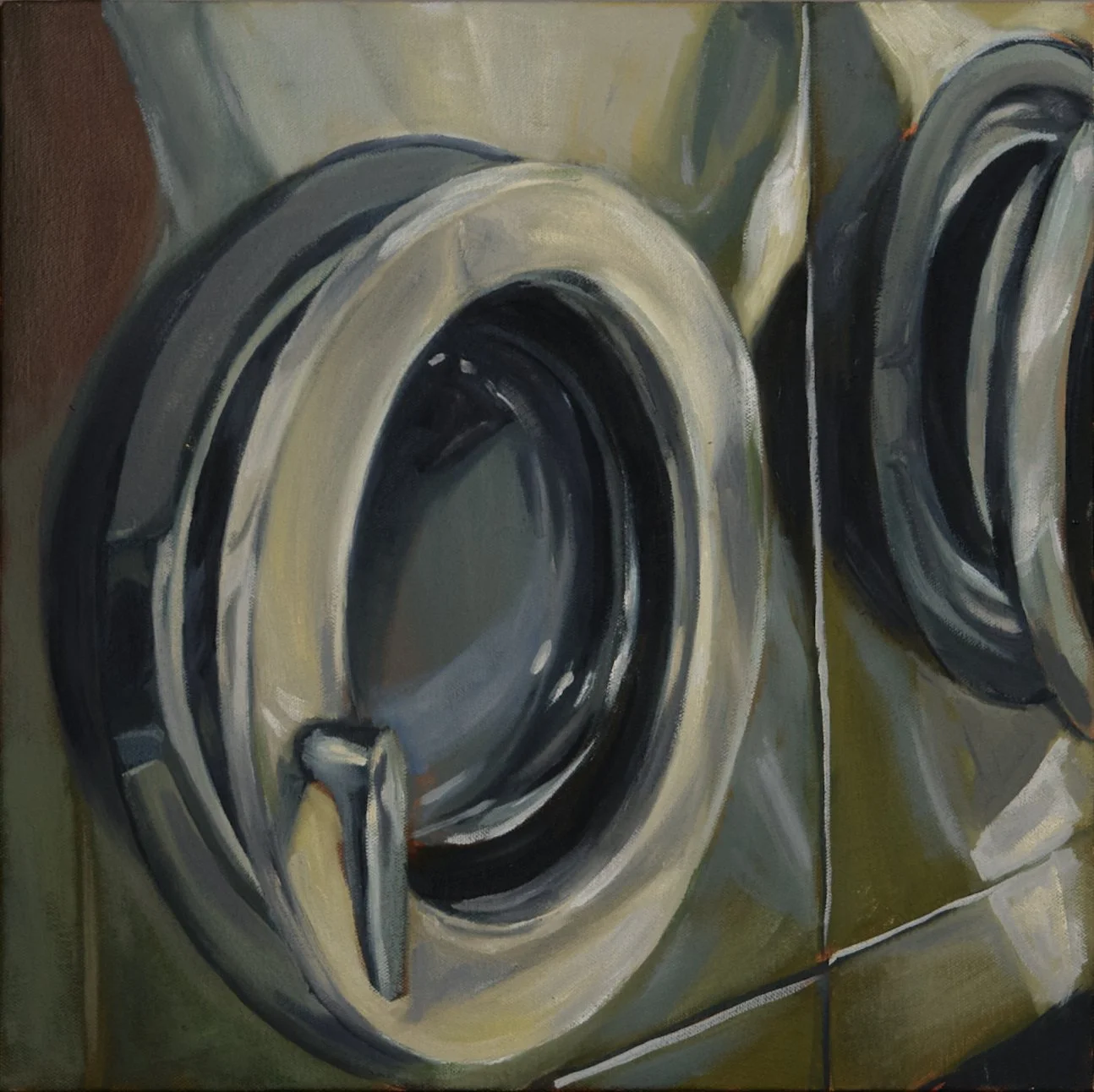 Pintura de dos lavadoras de ropa apiladas, en tonos oscuros y neutros, con detalles de líneas y sombras, formando una obra artística en un estilo realista.