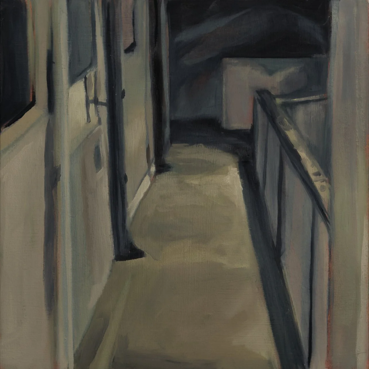 Pasillo con puertas y objetos en un entorno interior, pintura en tonos oscuros y terrosos.