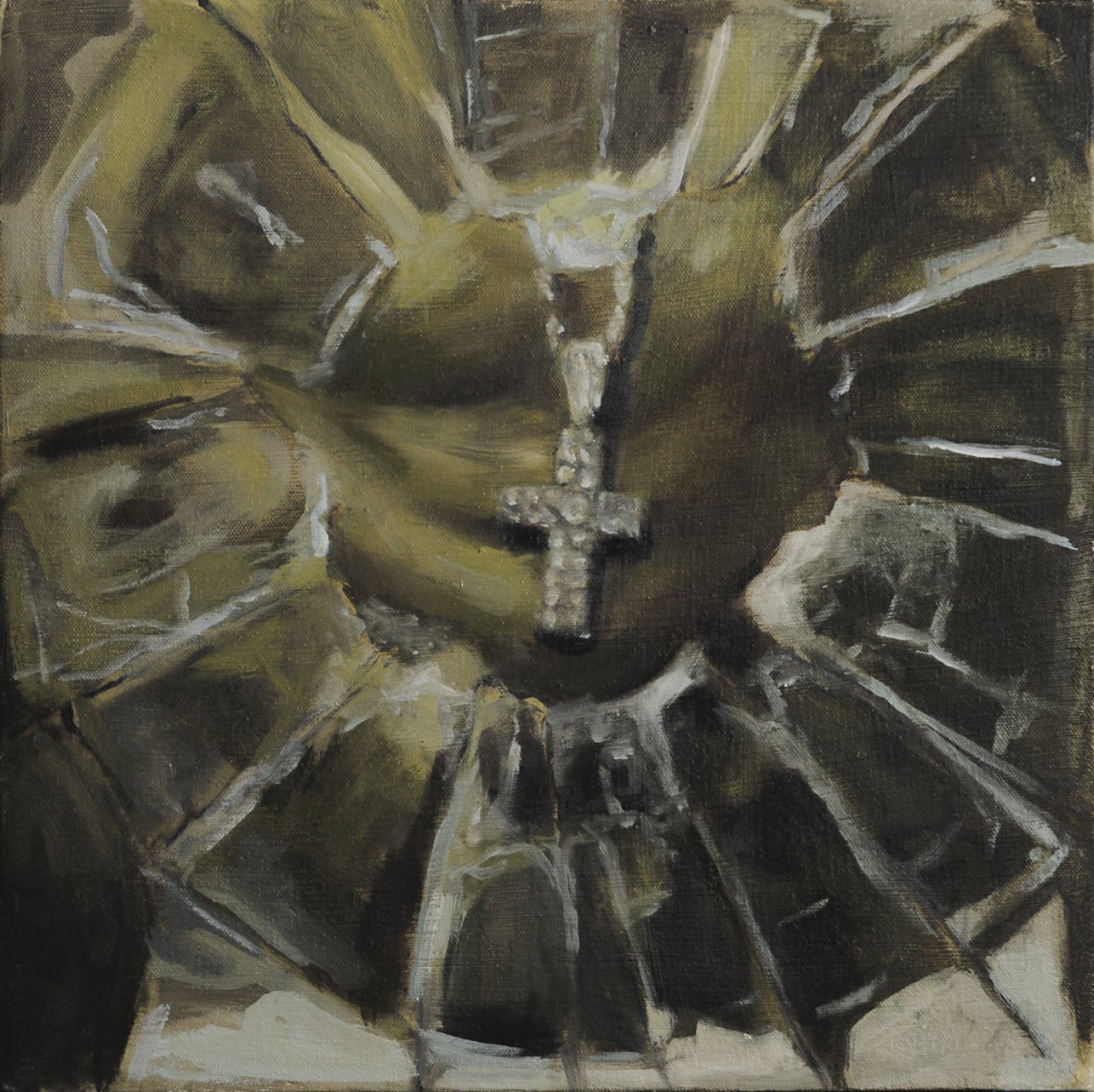 Una pintura abstracta con tonos oscuros que representan una figura central con forma de cruz rodeada de formas geométricas en tonos verdes y negros. Pintura de la portada del album "Get rich or die tryin' " del rapero 50 cent