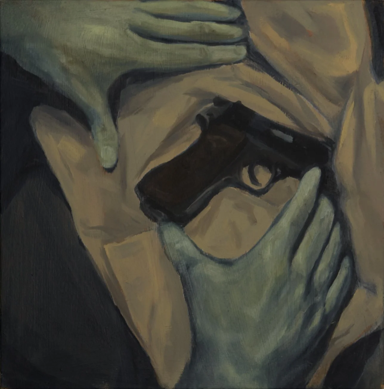 Pintura que muestra a una persona con ropa de color claro sosteniendo un arma de mano en la sien.