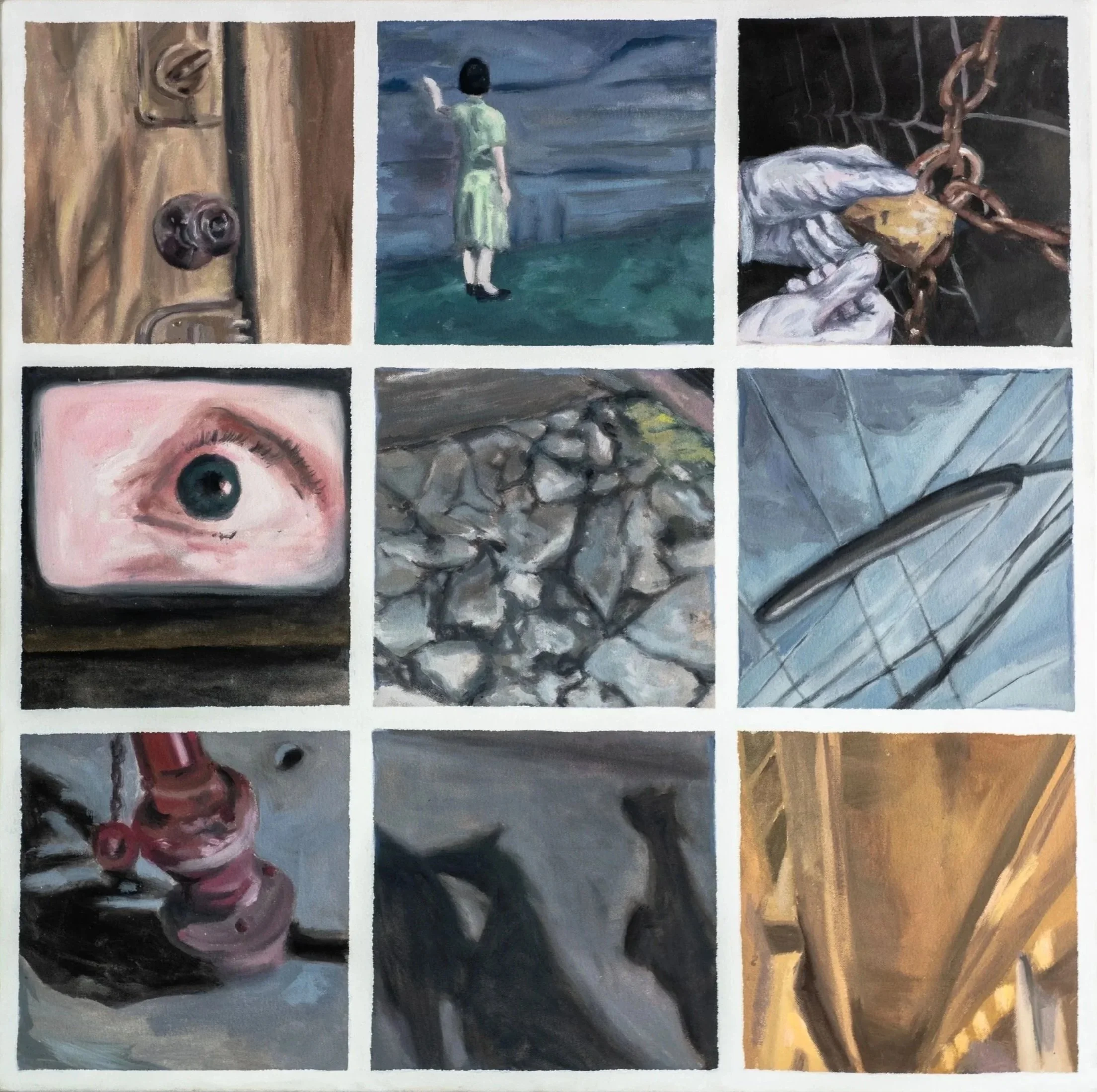 Colección de nueve cuadros con distintos temas, incluyendo una puerta de madera, una mujer en la playa, una cadena con candado, un ojo, piedras, una pluma, una válvula, una figura de perro, y componentes arquitectónicos.