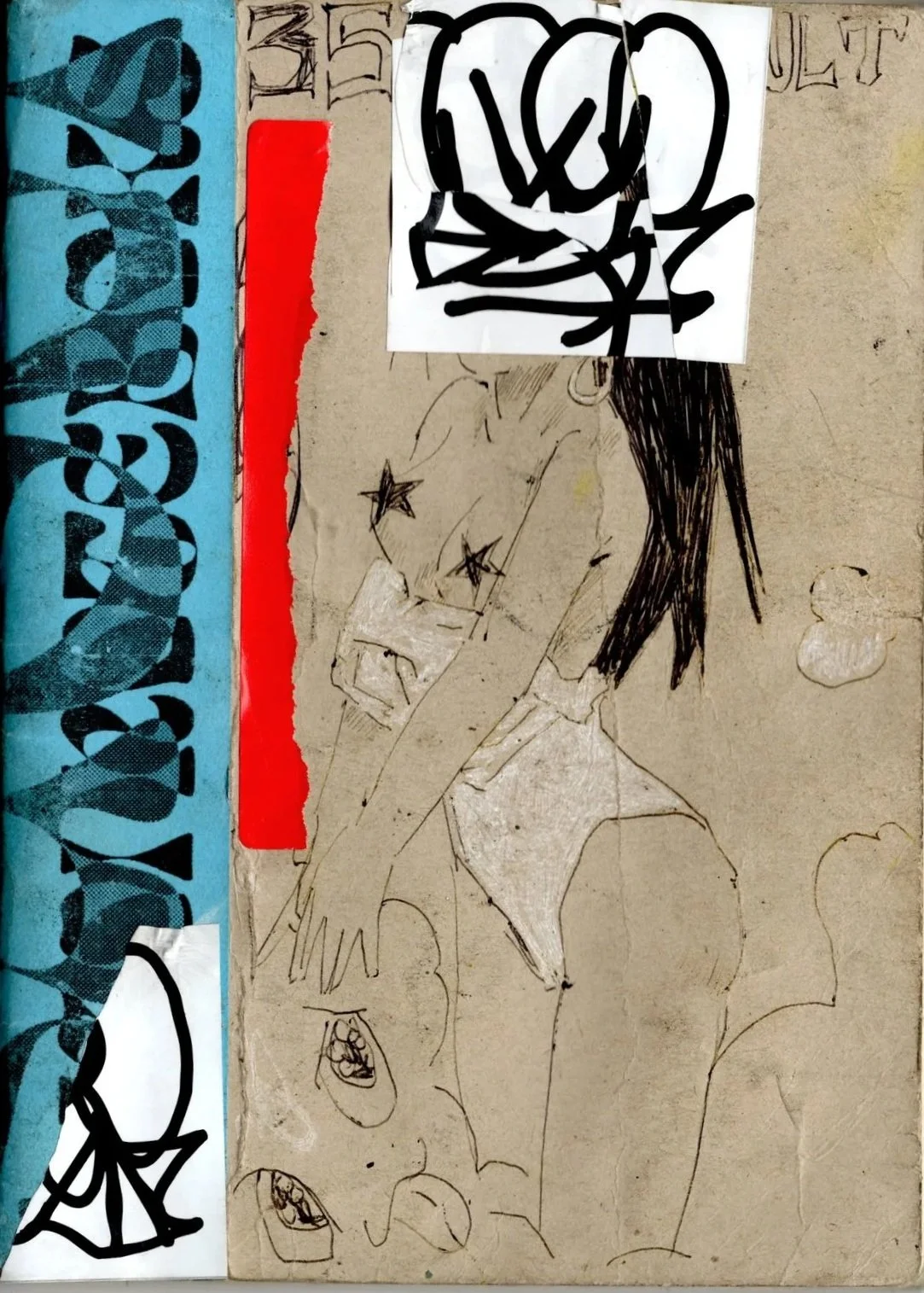 Dibujo de una mujer en ropa interior, con cabello largo y oscuro, en una pose suggestiva, acompañada por varias caras y elementos de graffiti y carteles en un fondo de cartón.