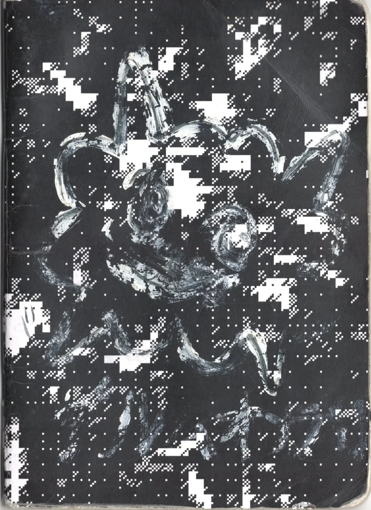 Pintura abstracta en tonos blancos y negros con formas en espiral y manchas dispersas.