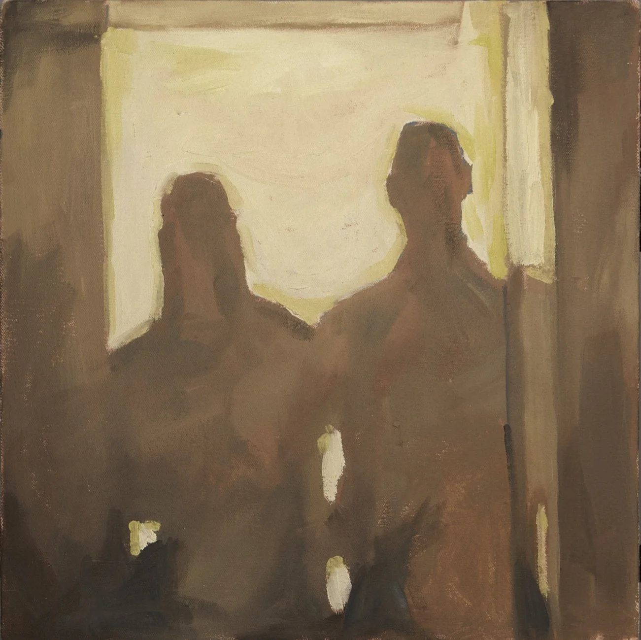 Dos figuras humanas con siluetas borrosas, una de ellas con barba y la otra con cabello largo, en un fondo de luces difusas y tonos cálidos.