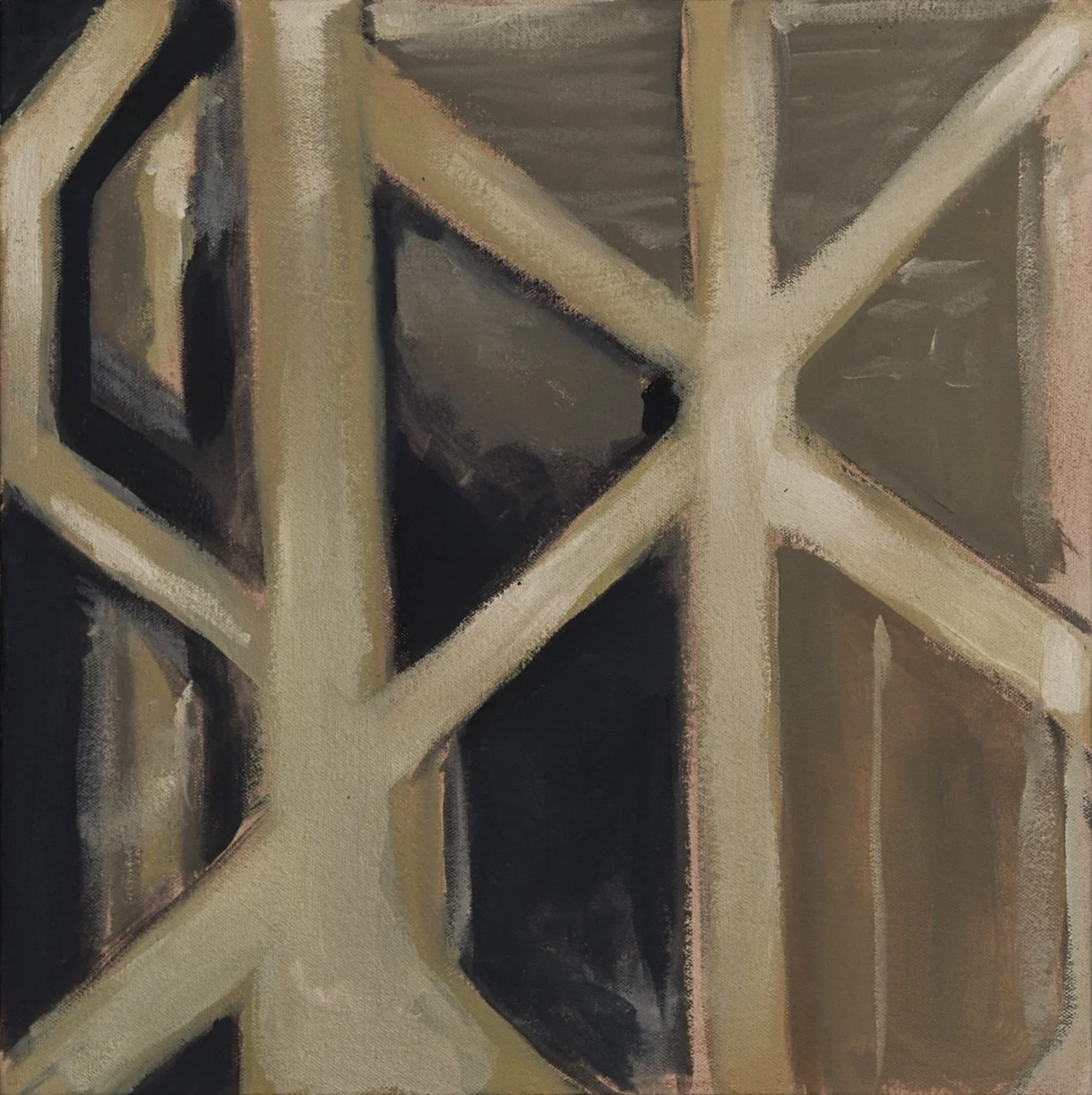 Detalle de una estructura de madera con ventanas de vidrio, vista en un estilo artístico. 