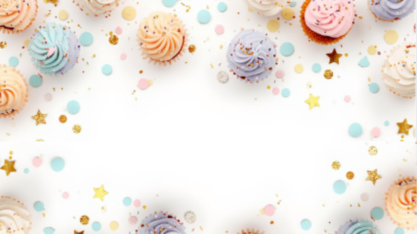 Whimsical background with pastel cupcakes, confetti, and star decorations, evoking family celebration. Text reads "Where everyday moments become a little more magical", reflecting the site's focus on creative ideas, printables, and traditions..