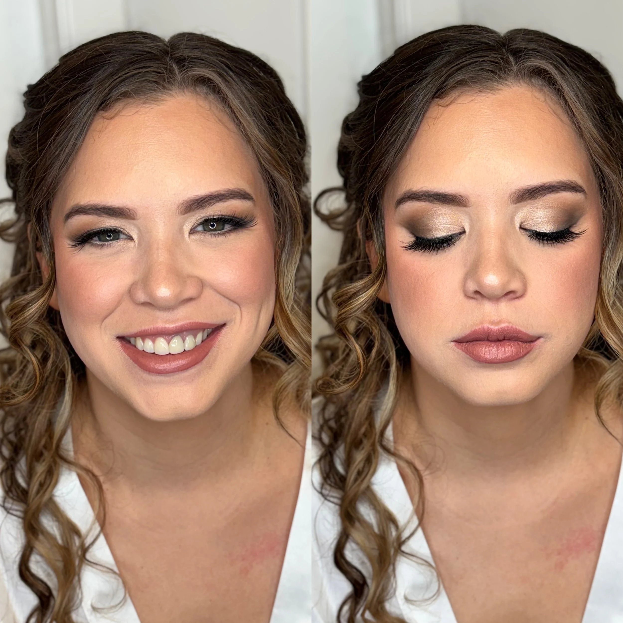A woman with long curled hair and makeup, shown smiling with eyes open in the left photo and closed in the right photo, against a plain background.