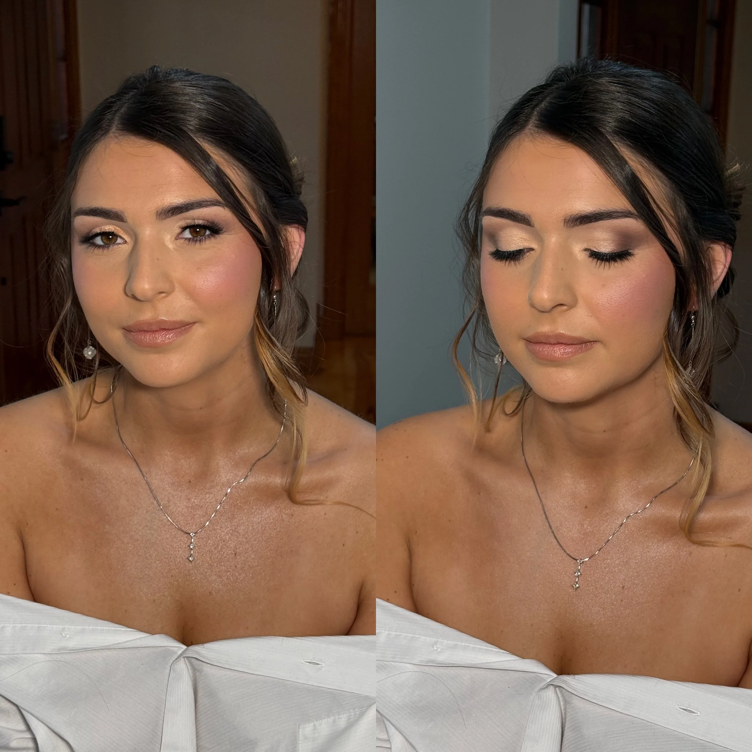 A woman with dark brown hair styled in loose curls, wearing makeup, a necklace with a cross pendant, and earrings, sitting in front of a wooden background. She has a light complexion and is wearing a white off-shoulder top in the left photo and looki