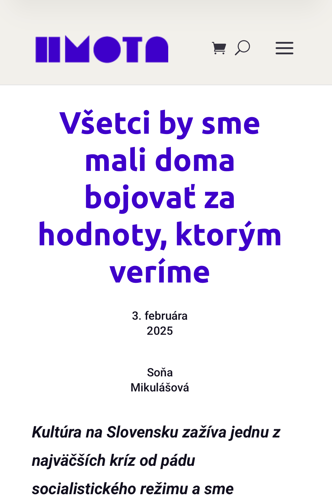 Screenshot of a Slovakian website with text in large purple font, including a headline, date, author, and a paragraph about Slovak culture and its historical challenges.