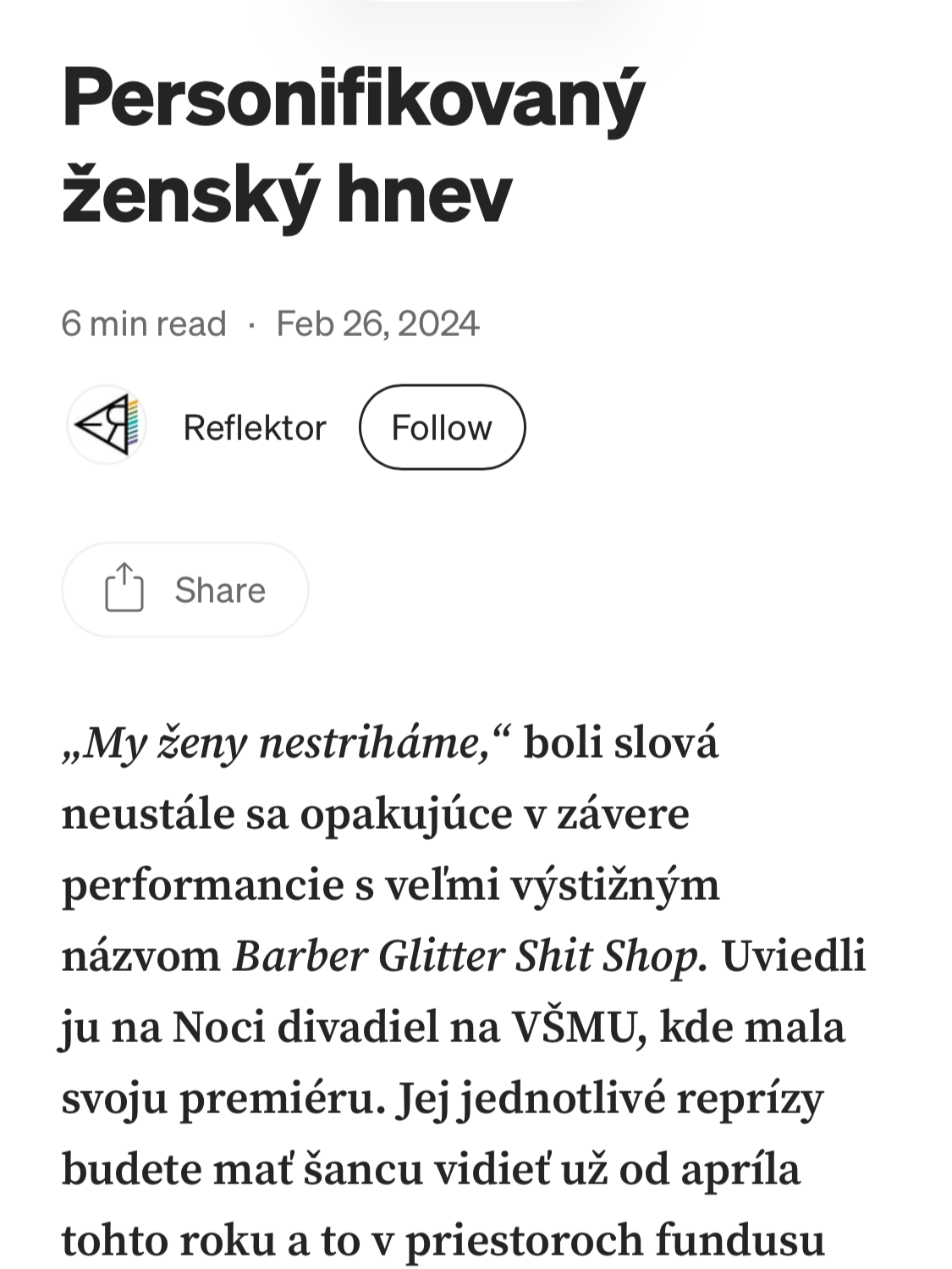 Screenshot of an article in Slovak language with the headline 'Personifikovaný ženský hnev', published on February 26, 2024. The article mentions a performance at VŠMU theater and a show called 'Barber Glitter Shit Shop'.