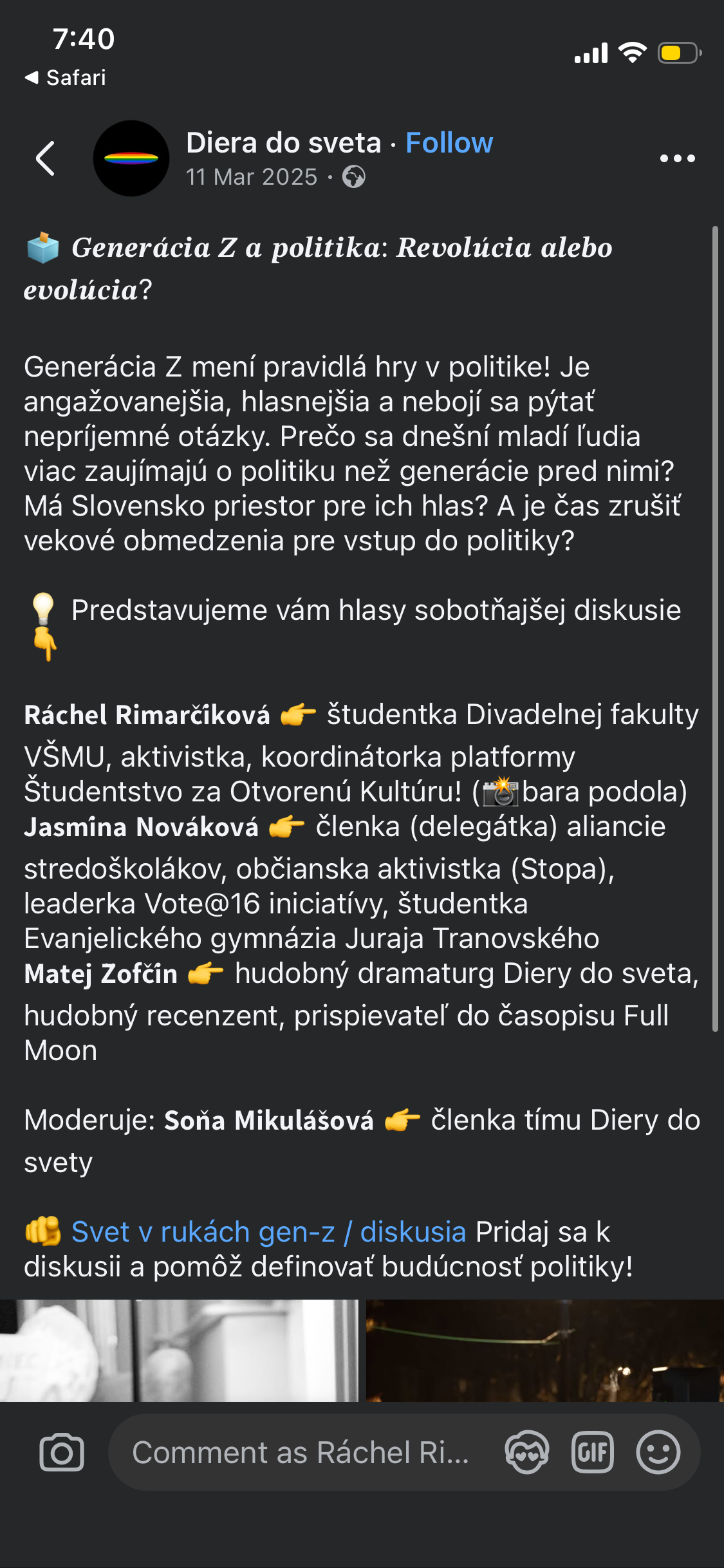 Screenshot of a social media post in Slovak discussing political engagement, featuring text about a debate panel with names and roles of participants, and a mention of a discussion group.
