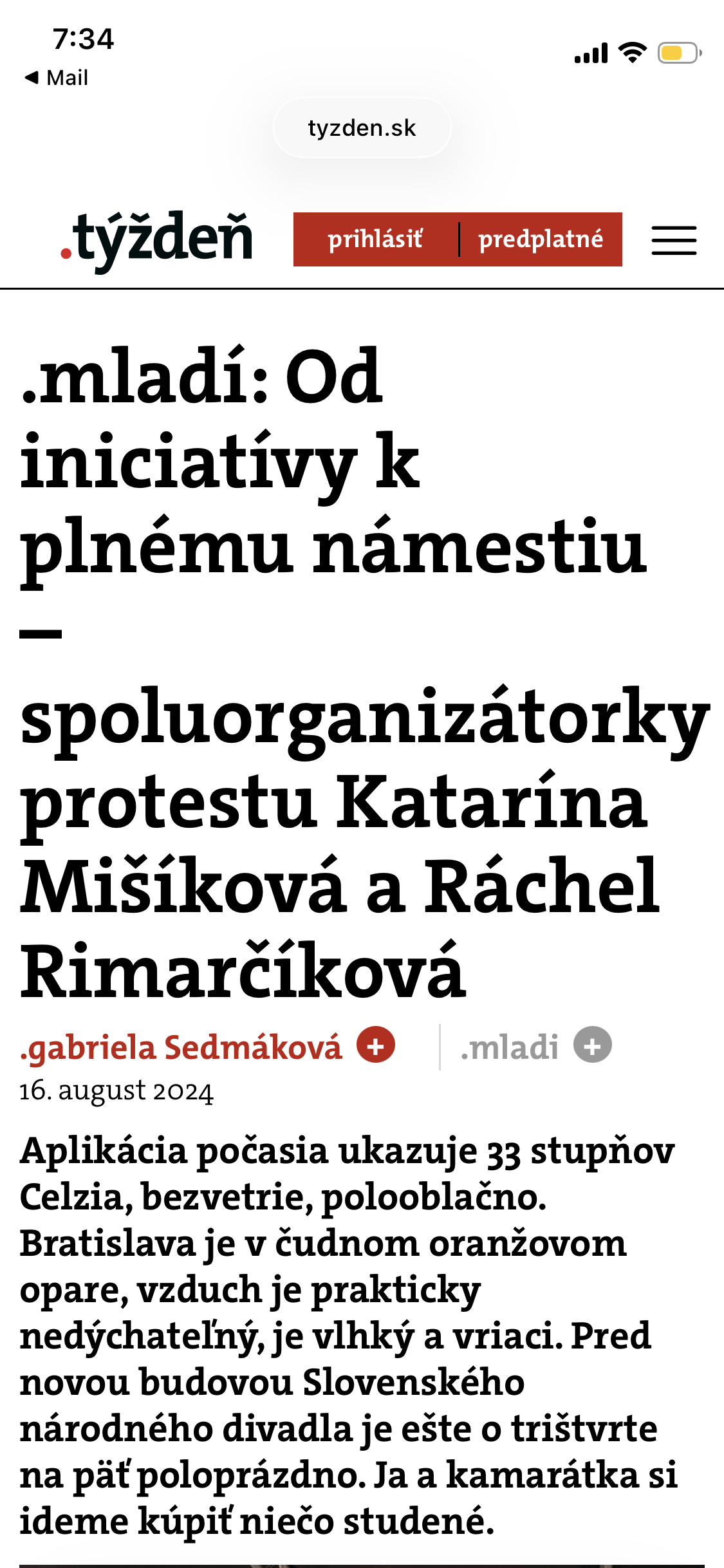 Screenshot of a news article webpage in Slovak language on a mobile device, showing the website header, date, and text starting with headlines and a paragraph discussing weather and other topics.