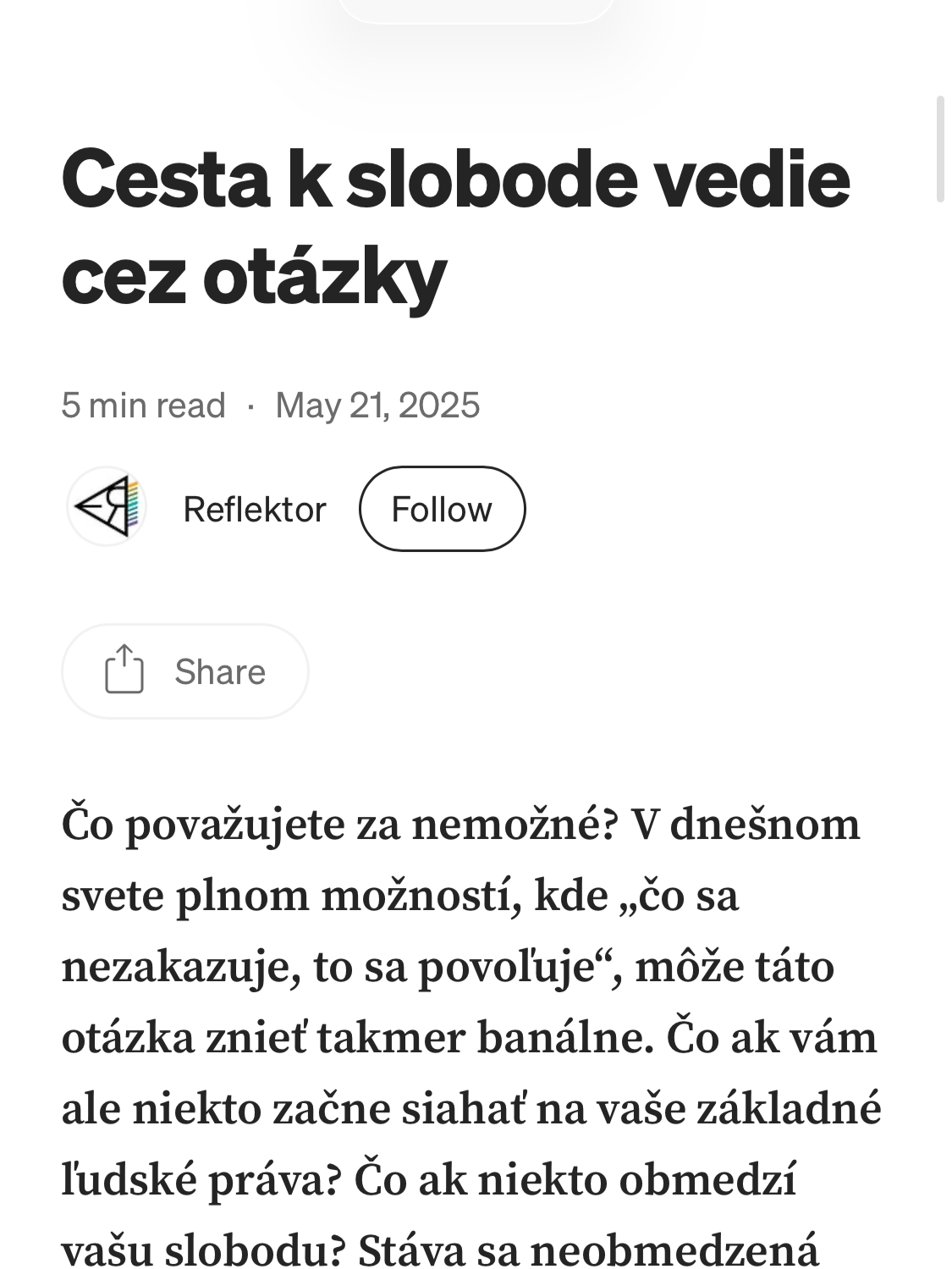 Screenshot of Slovak language article with title and introductory paragraph about freedom and rights.