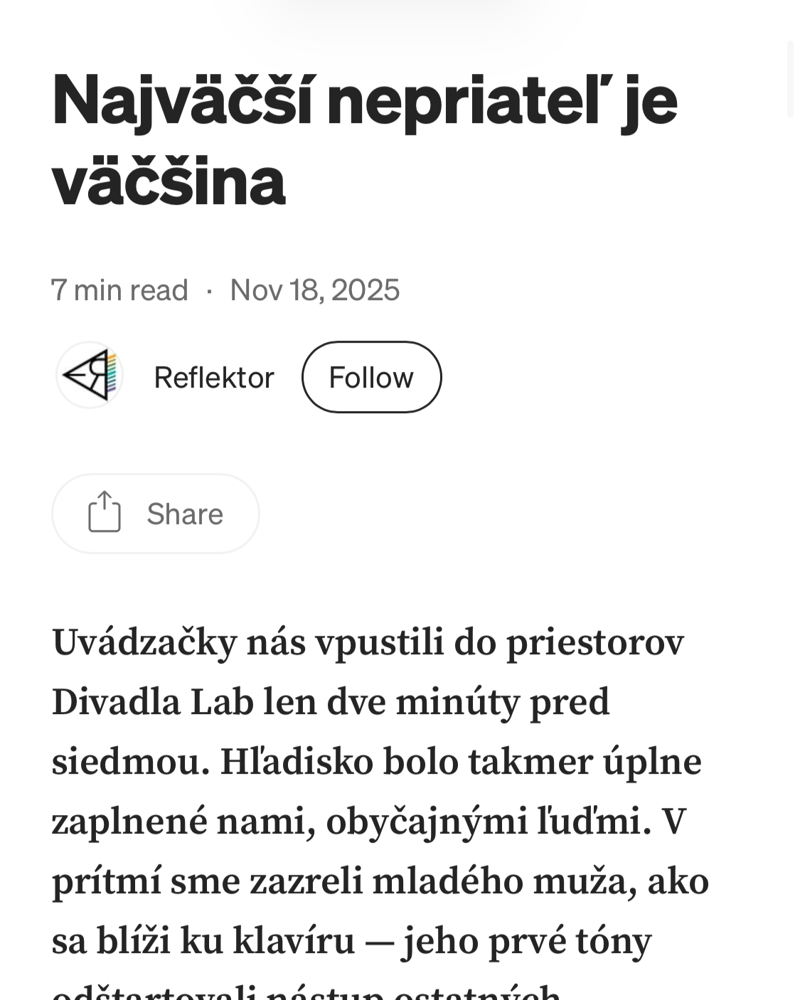 Screen capture of a Slovak article with the headline 'The biggest enemy is hatred', published on November 18, 2025, with a brief paragraph below.