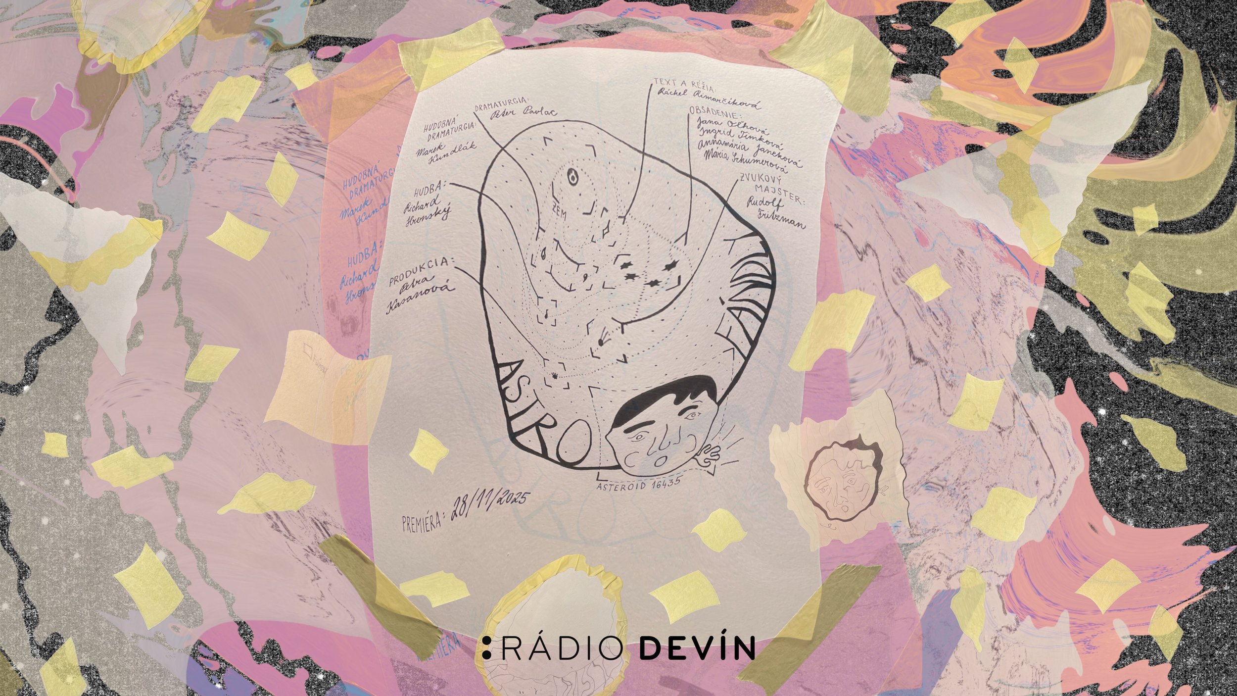 A hand-drawn map of asteroid 16435 on a sheet of paper, surrounded by colorful abstract art with yellow sticky notes. The map includes names of people and parts labeled in Slovak, with a date of premiere 28/11/2025, and mentions of 'Rádio Devin' at the bottom.